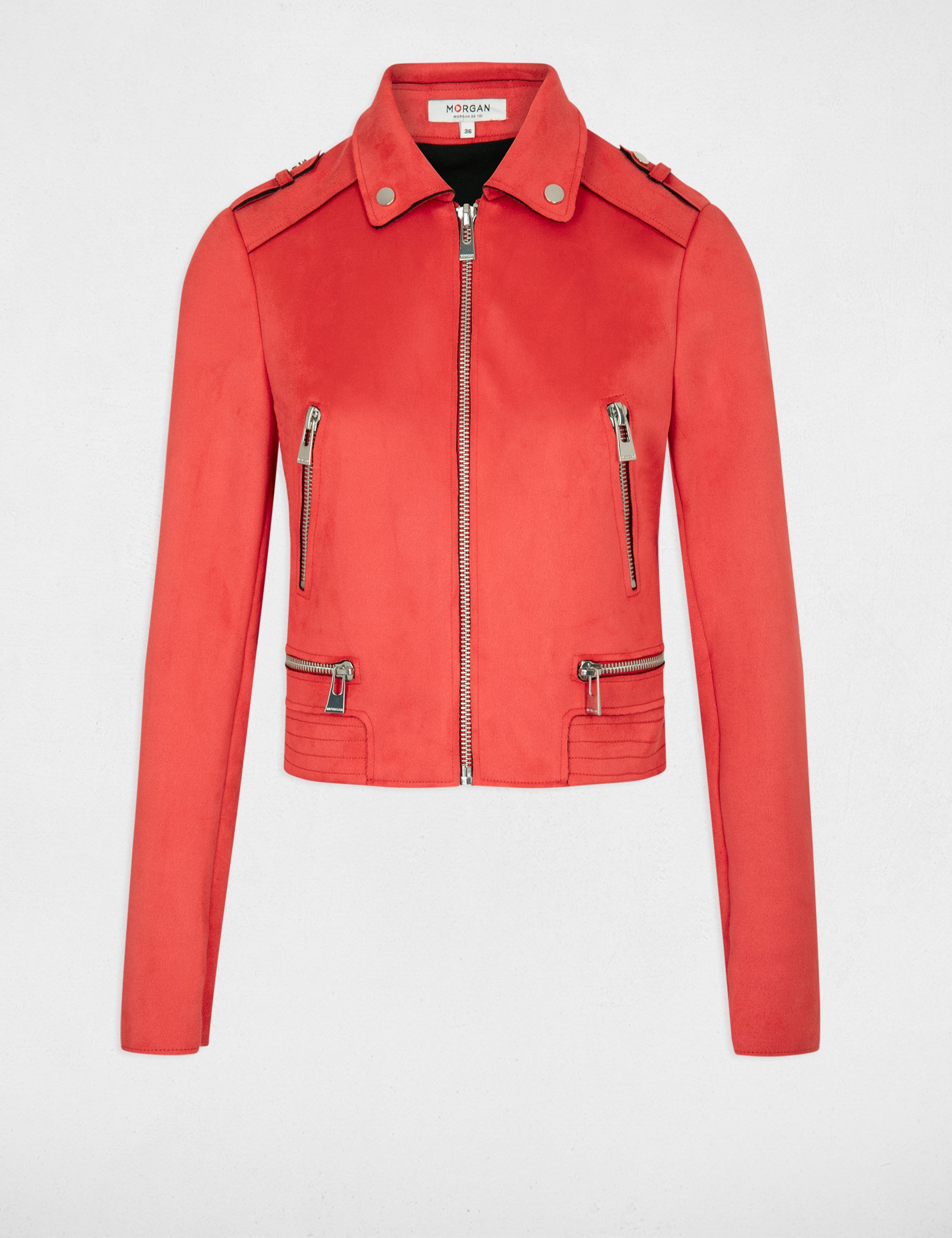 Blouson droit aspect suédine orange foncé femme