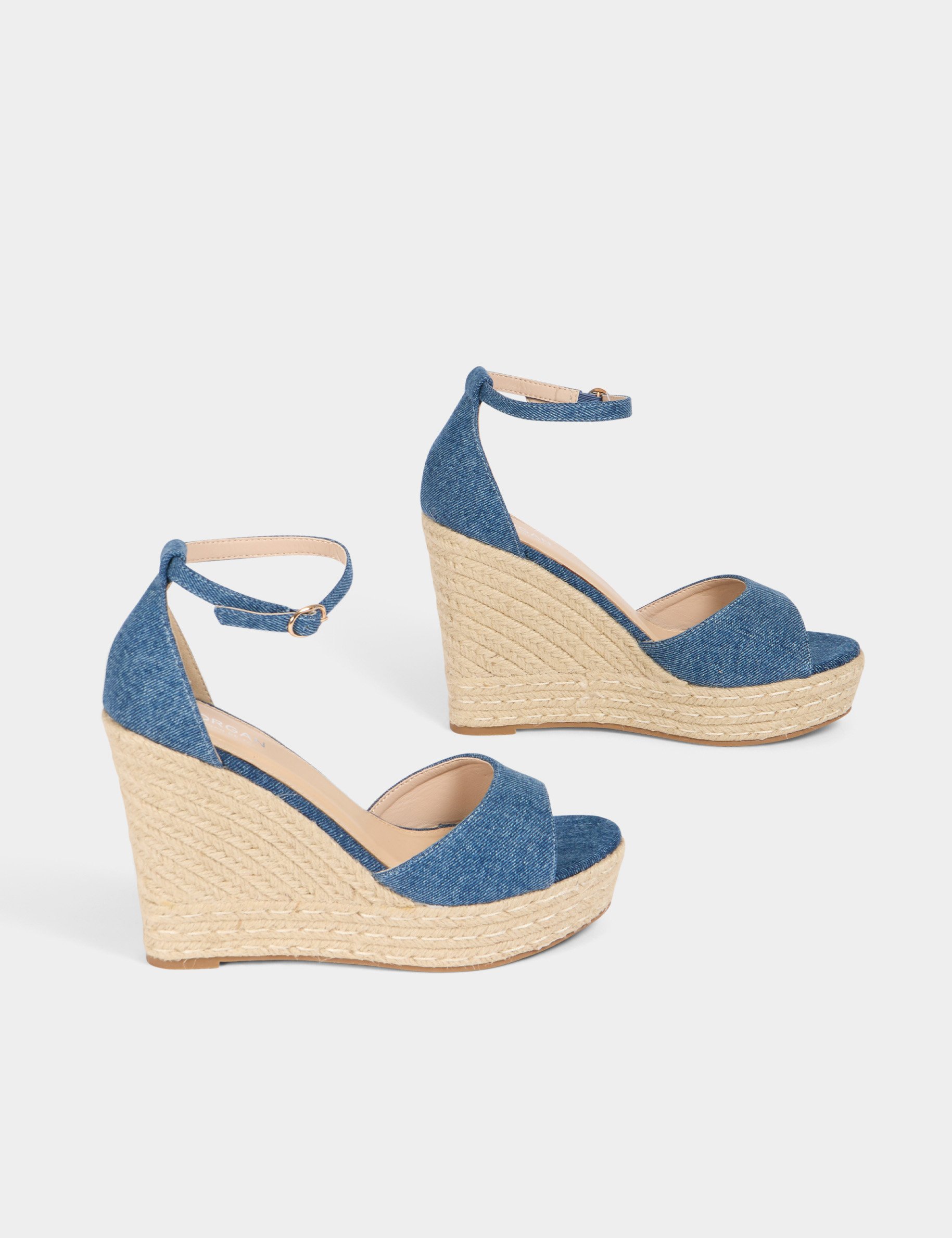 Sandales compensées en jean denim brut femme