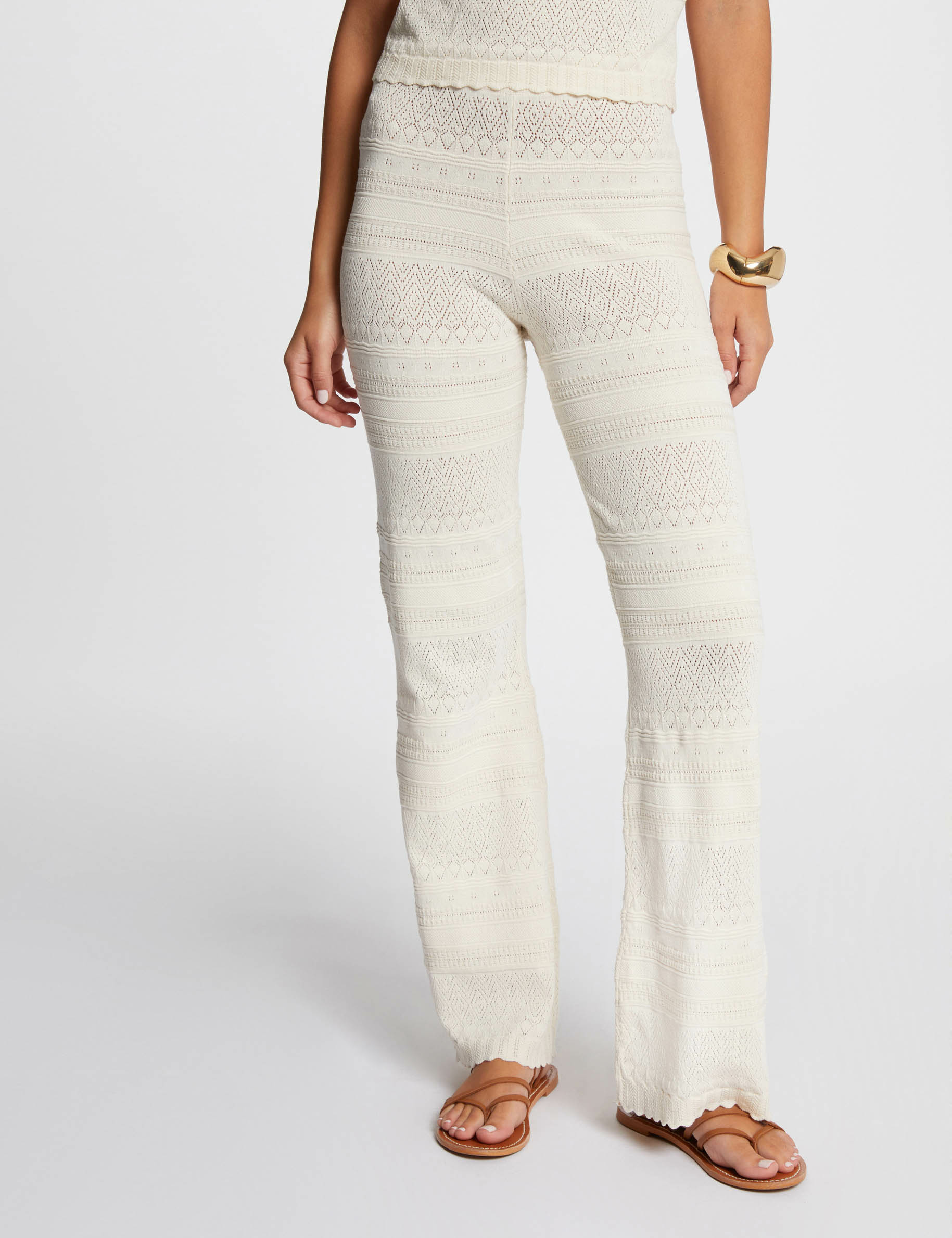 Pantalon tricot ajusté ajouré ivoire femme