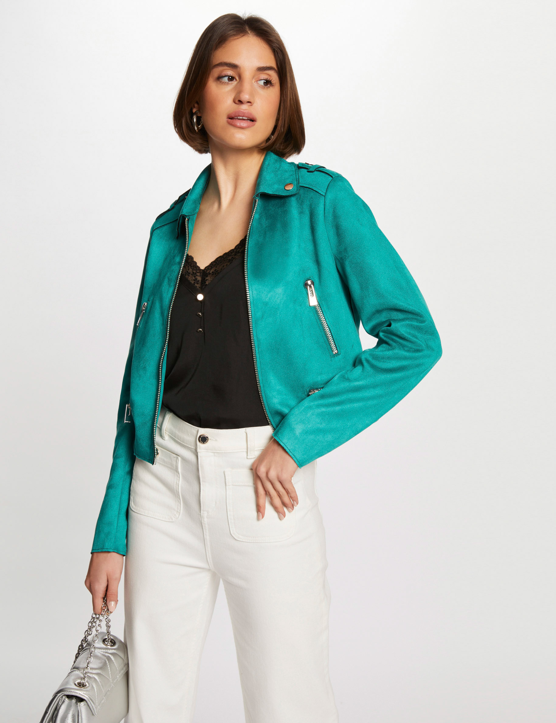 Blouson droit aspect suédine vert fonce femme