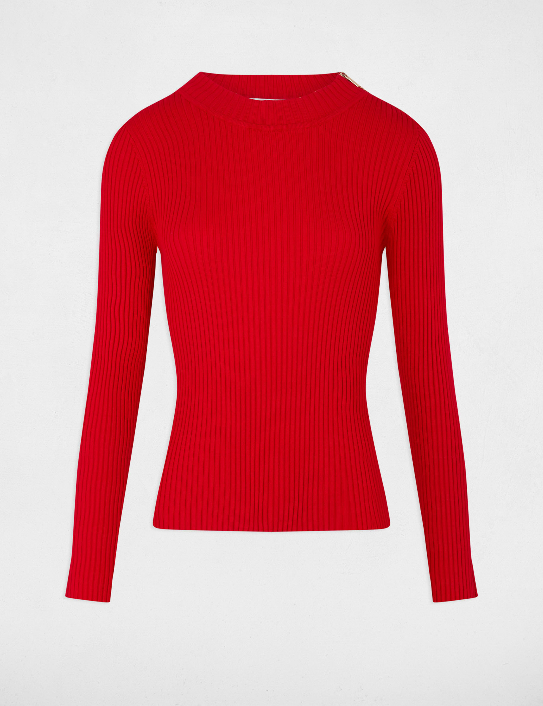 Pull col montant côtelé rouge femme