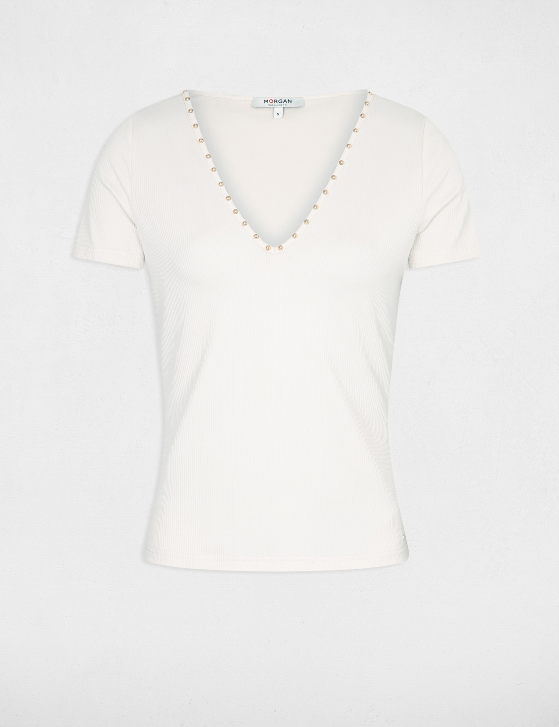 T-shirt korte mouwen met studs ivoor vrouw