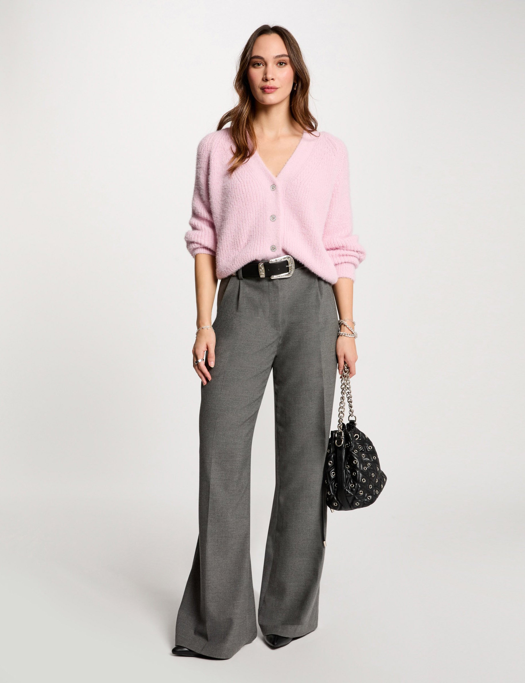 Pantalon large à pinces gris clair femme