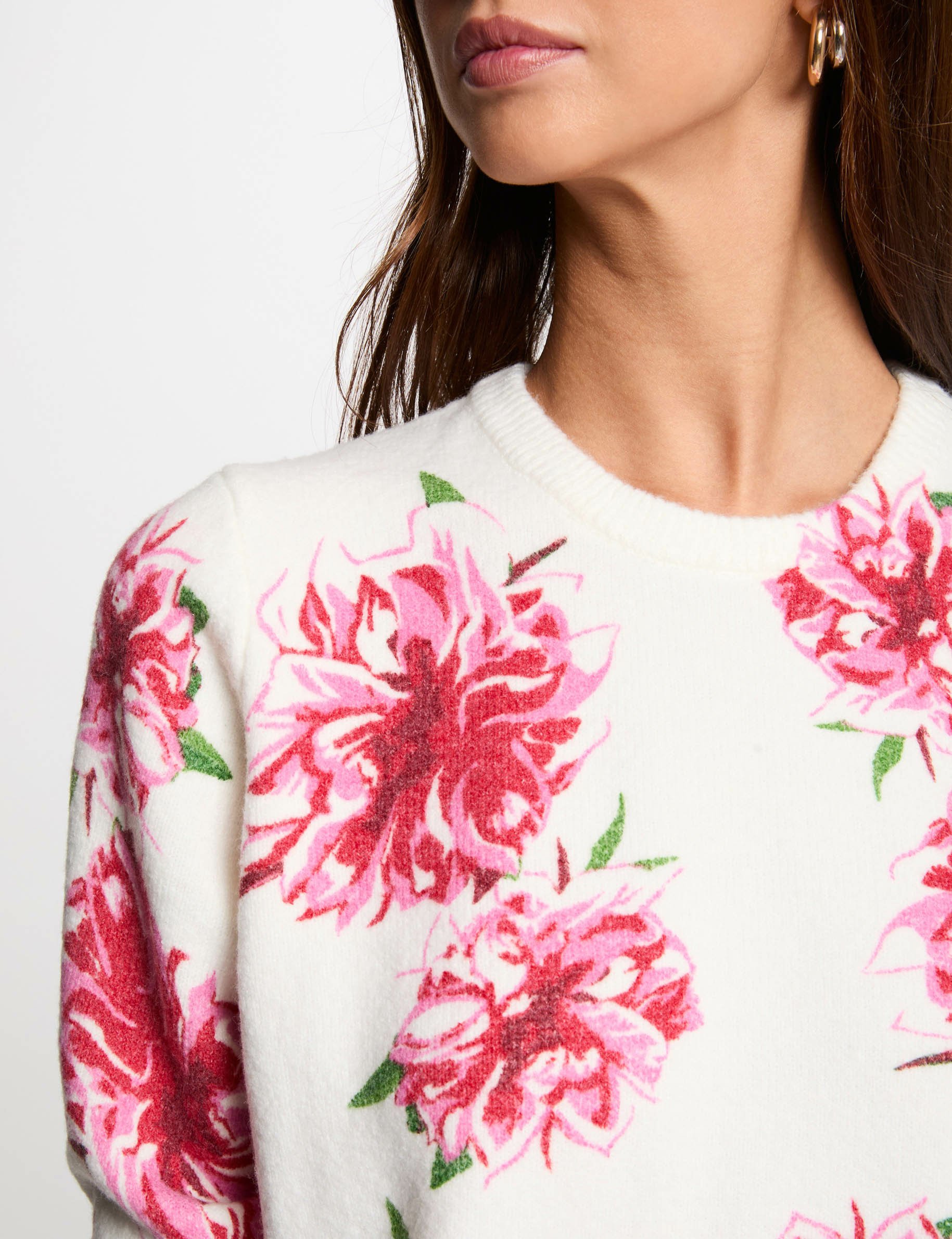 Pull col rond imprimé floral ivoire femme