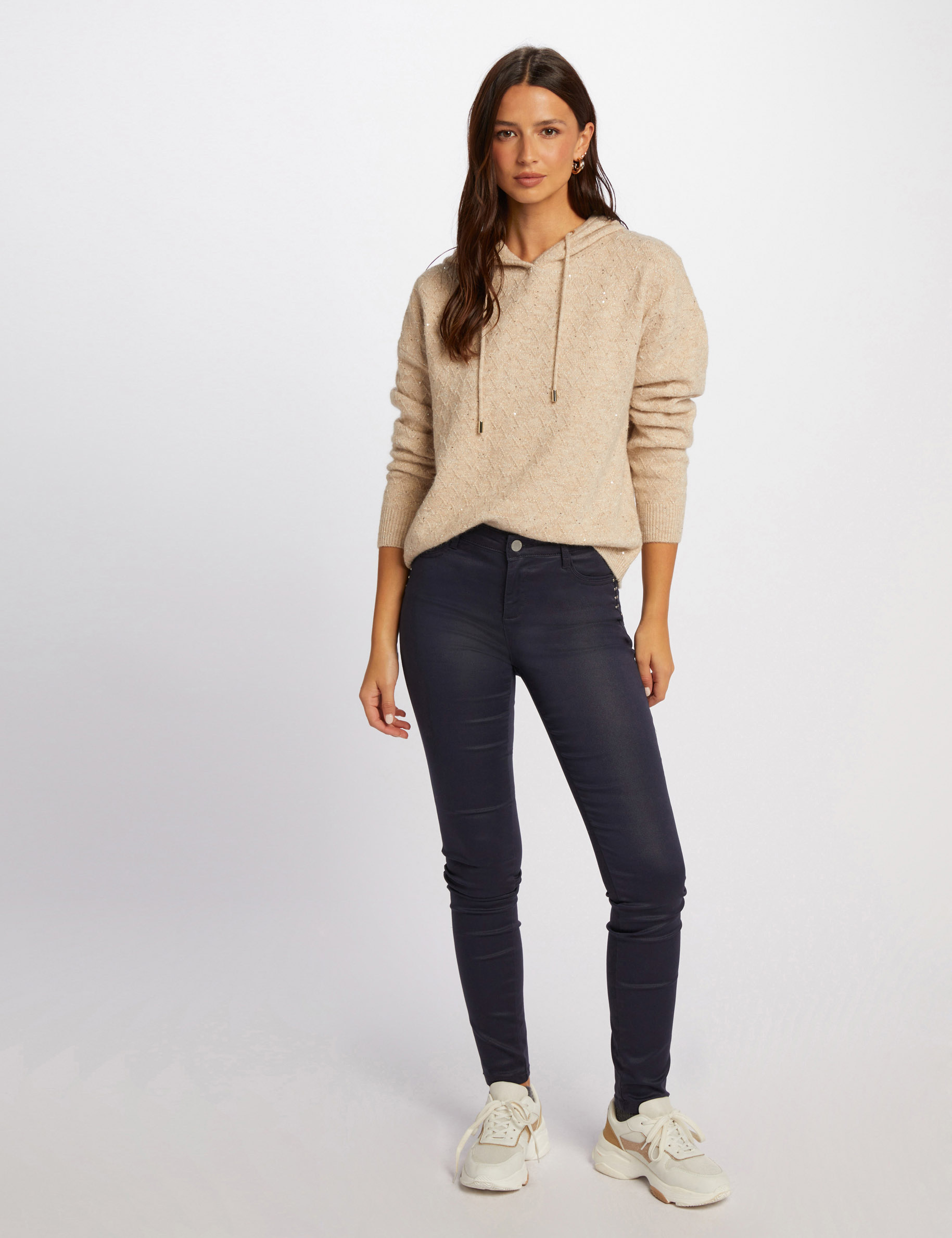 Pull col à capuche beige femme