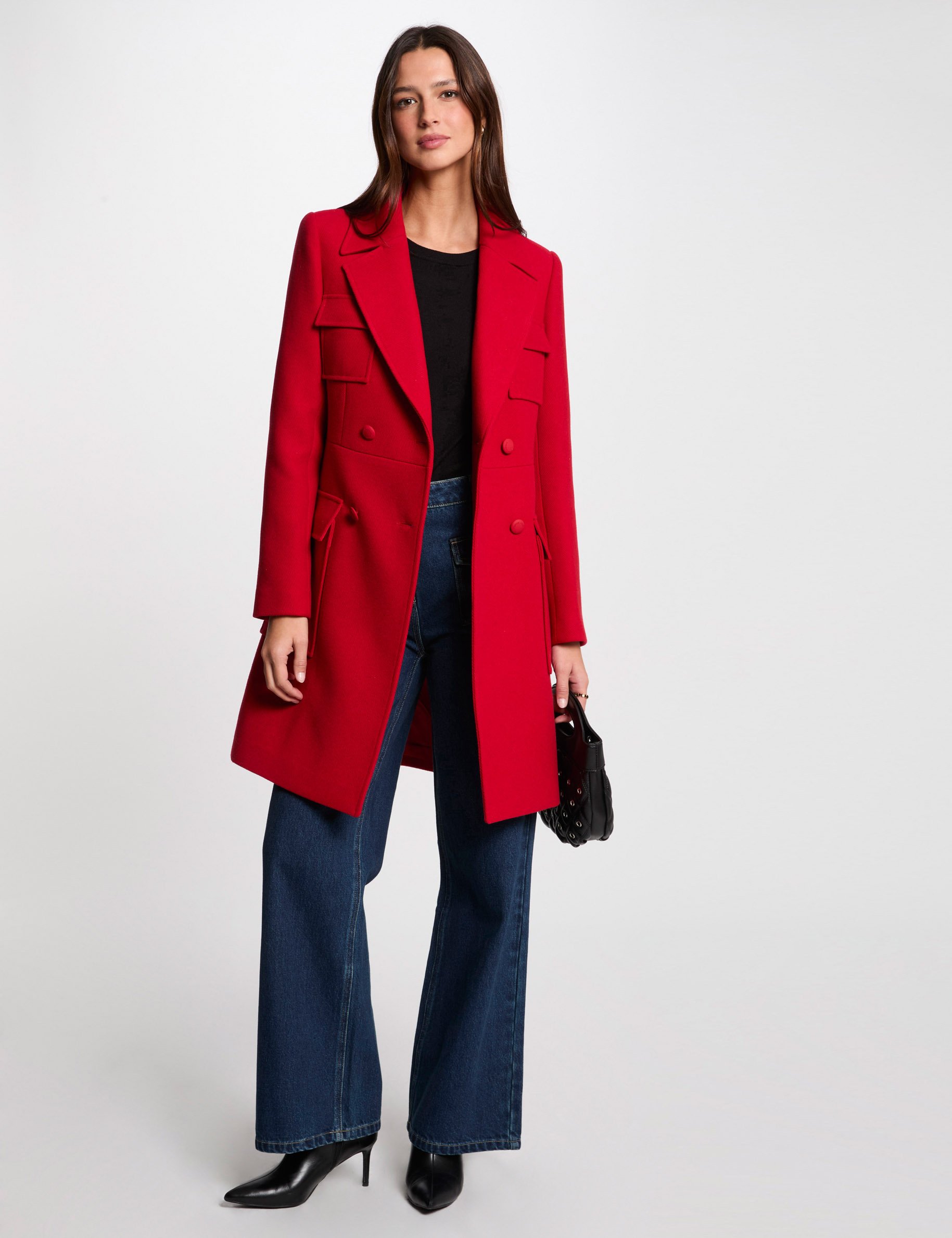 Manteau long boutonné rouge femme