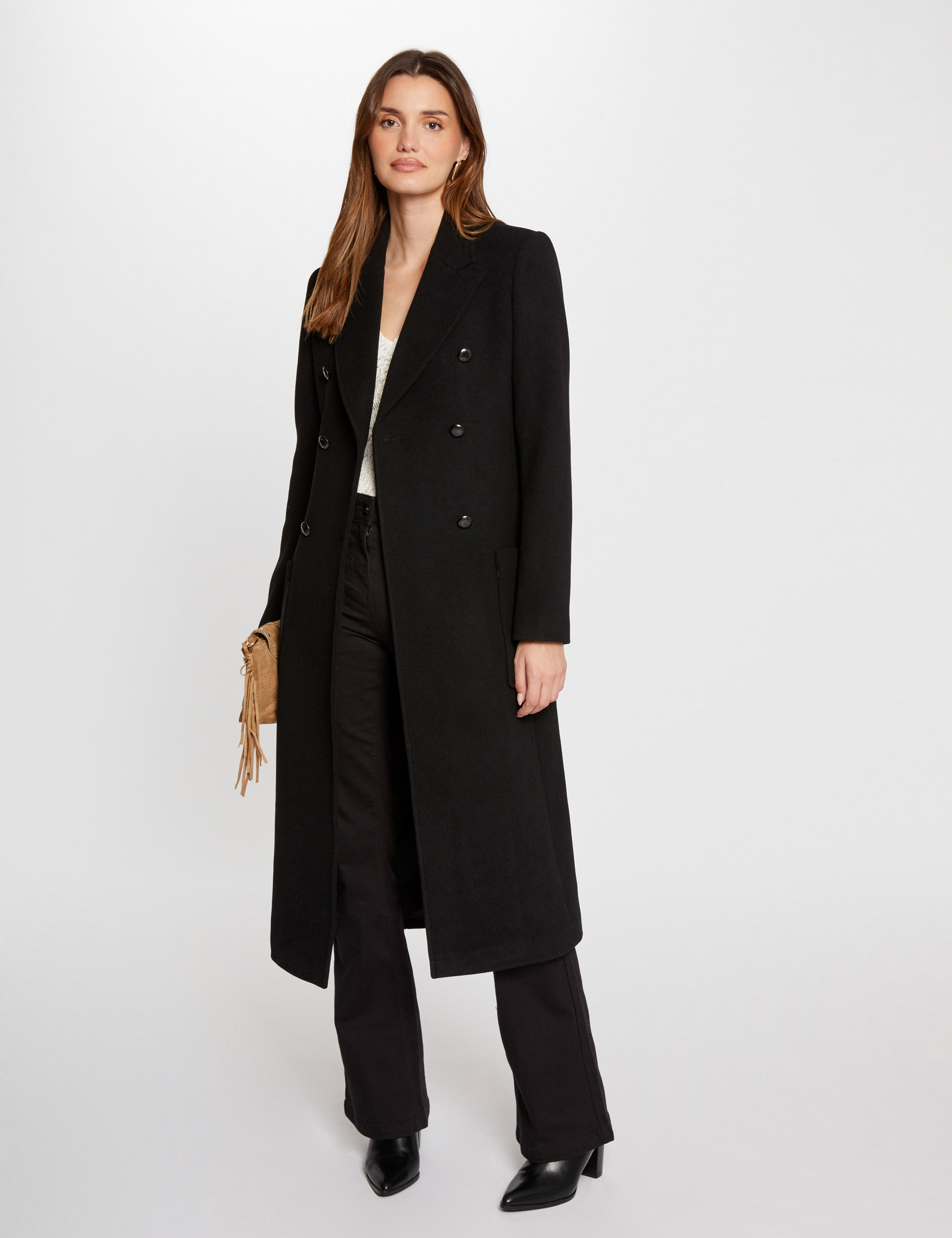 Manteau long droit noir femme