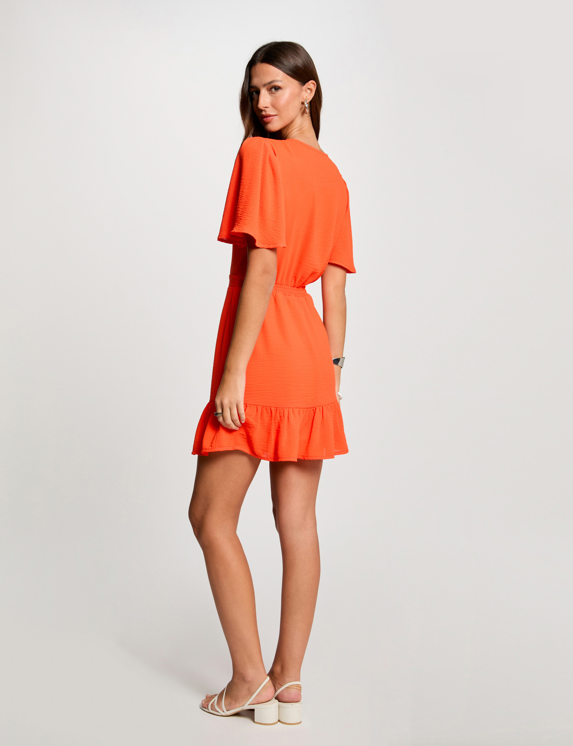 Robe courte trapèze à volants orange foncé femme