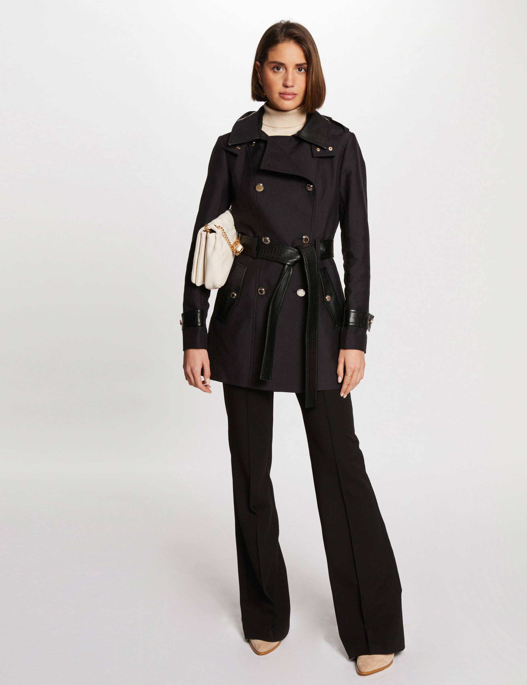 Trench détails simili cuir noir femme