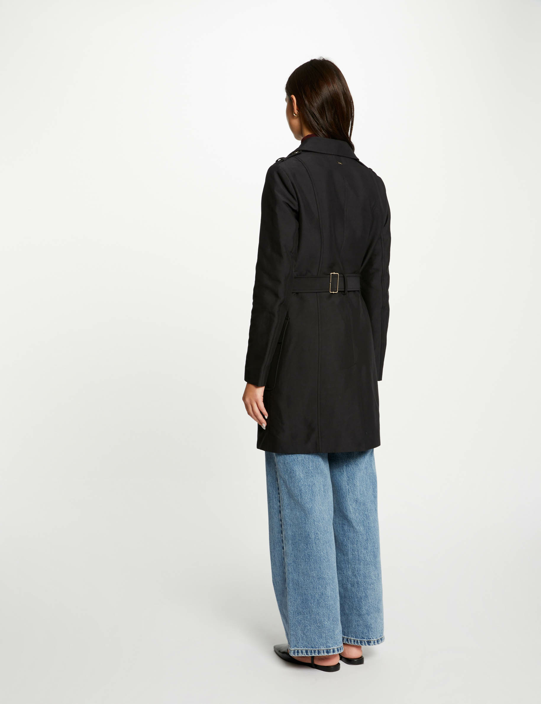 Lange trenchcoat met riem zwart vrouw