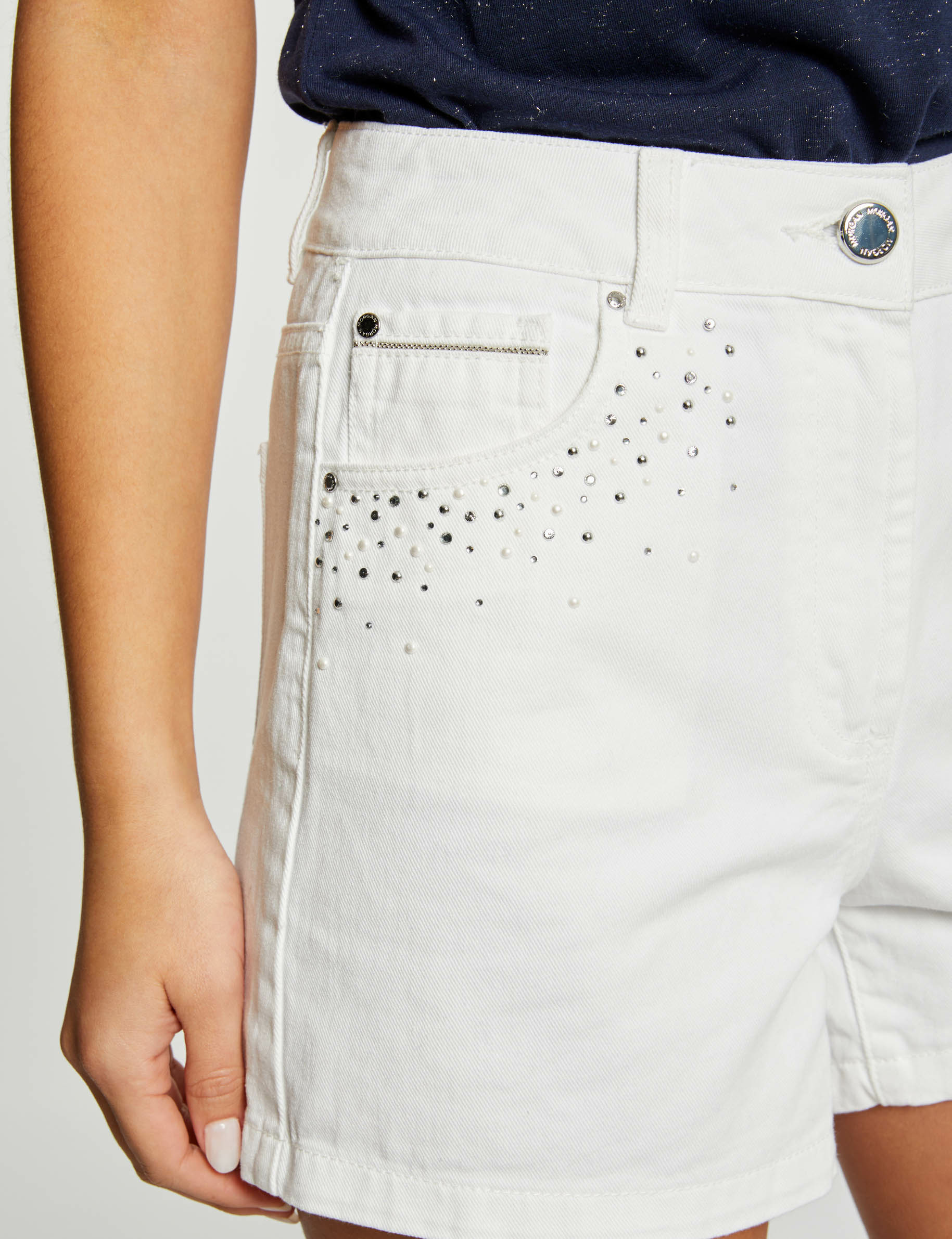 Short droit en jean strass ecru femme