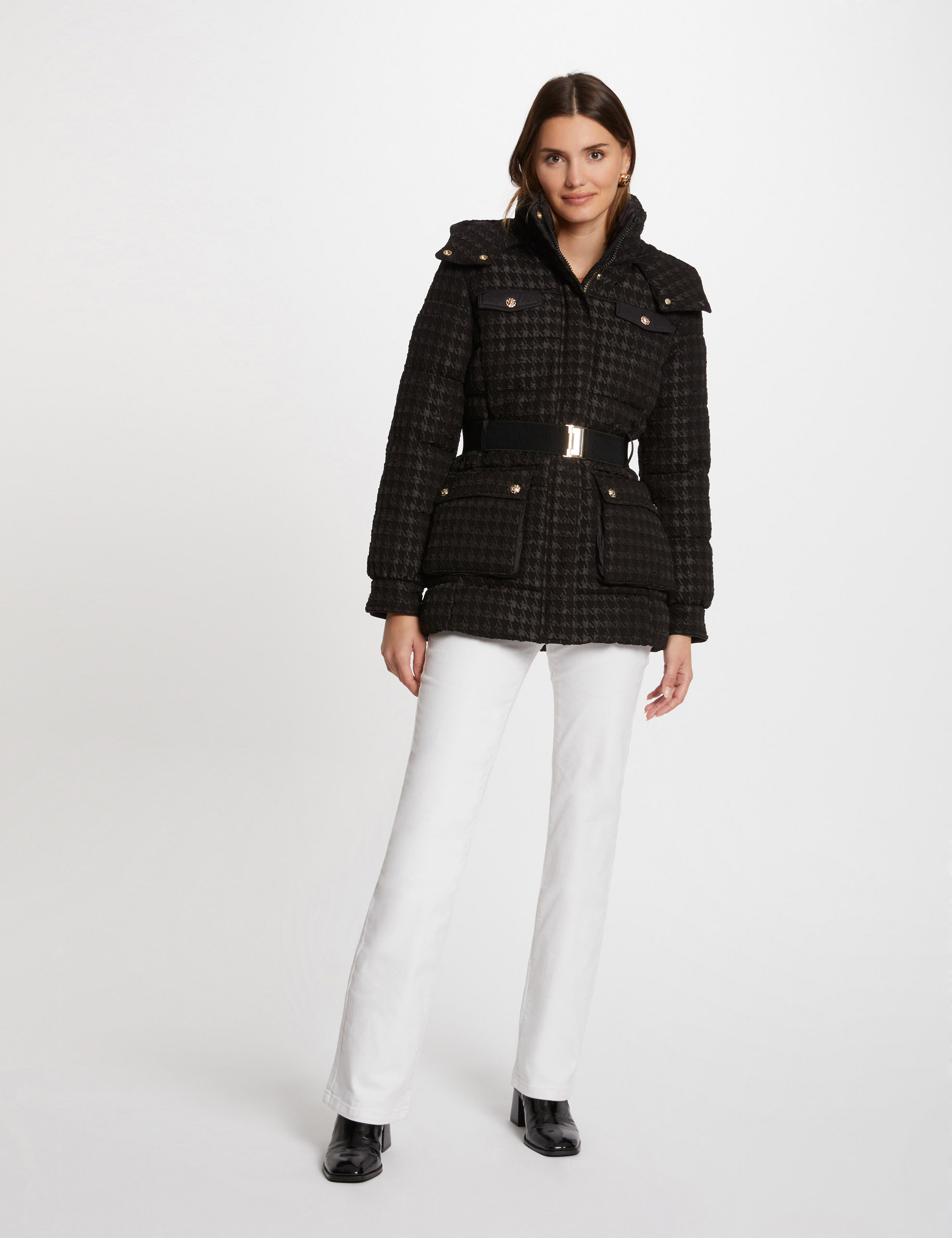 Gewatteerd jack met houndstooth print zwart vrouw