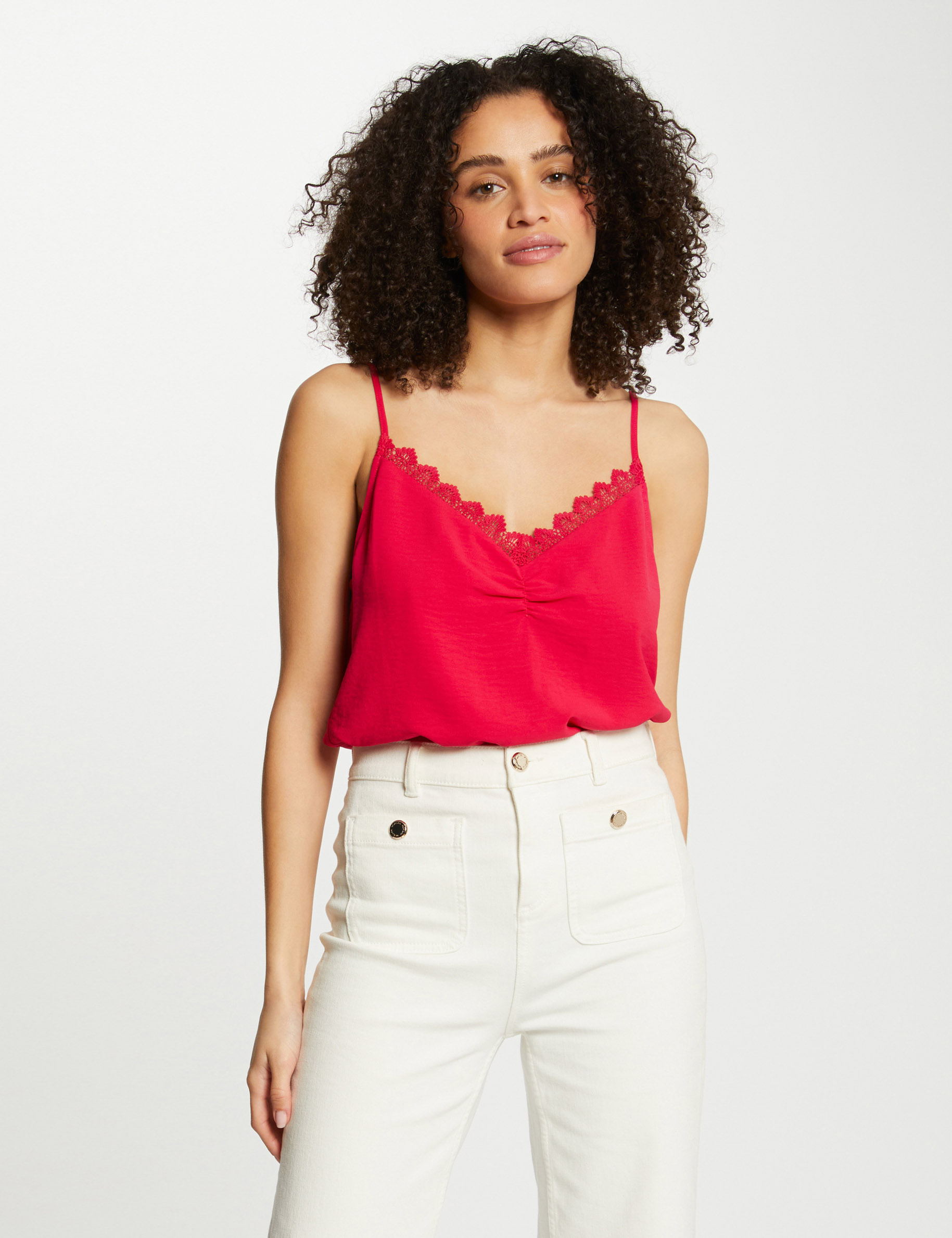 Top bretelles fines dentelle framboise femme