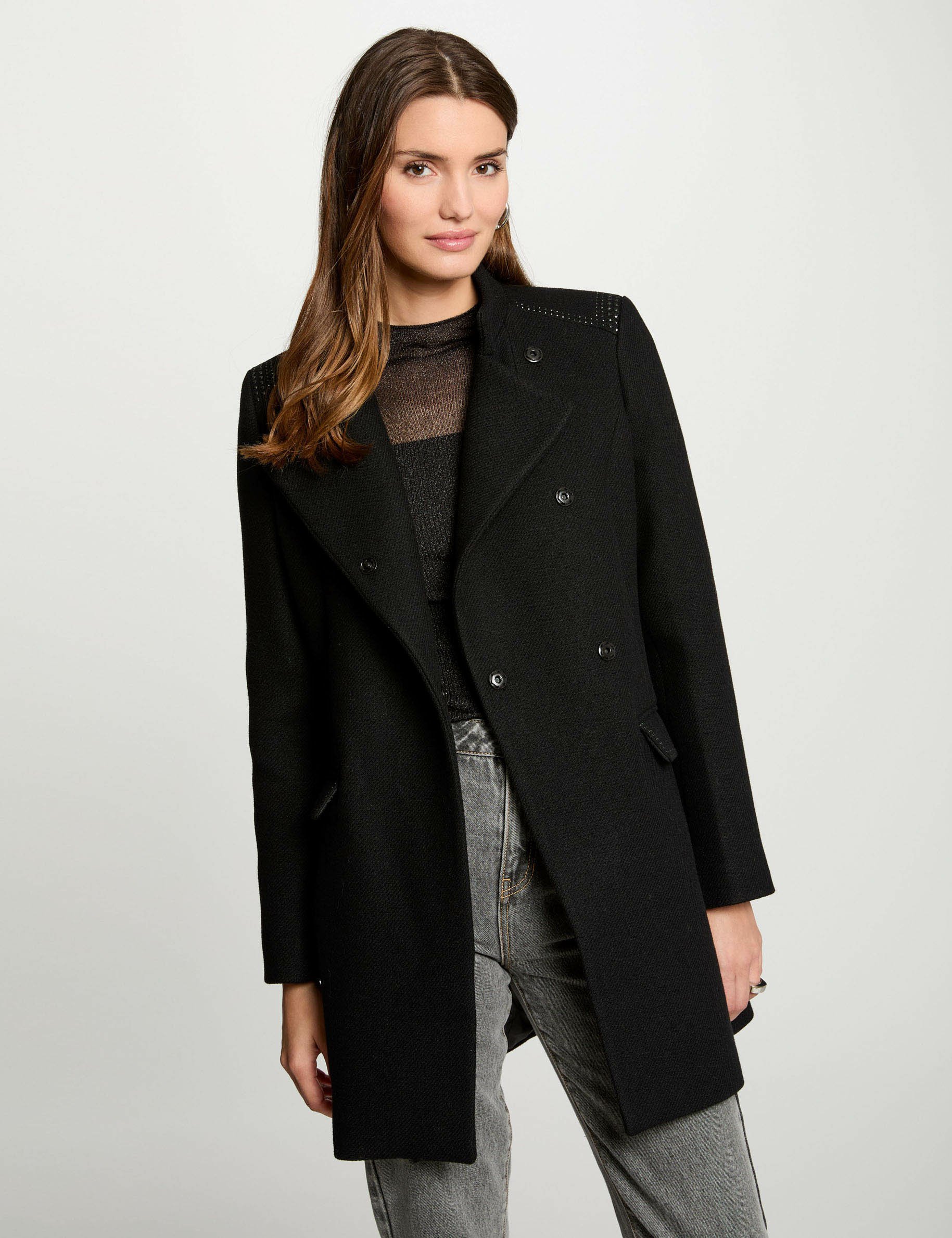 Manteau long boutonné noir femme