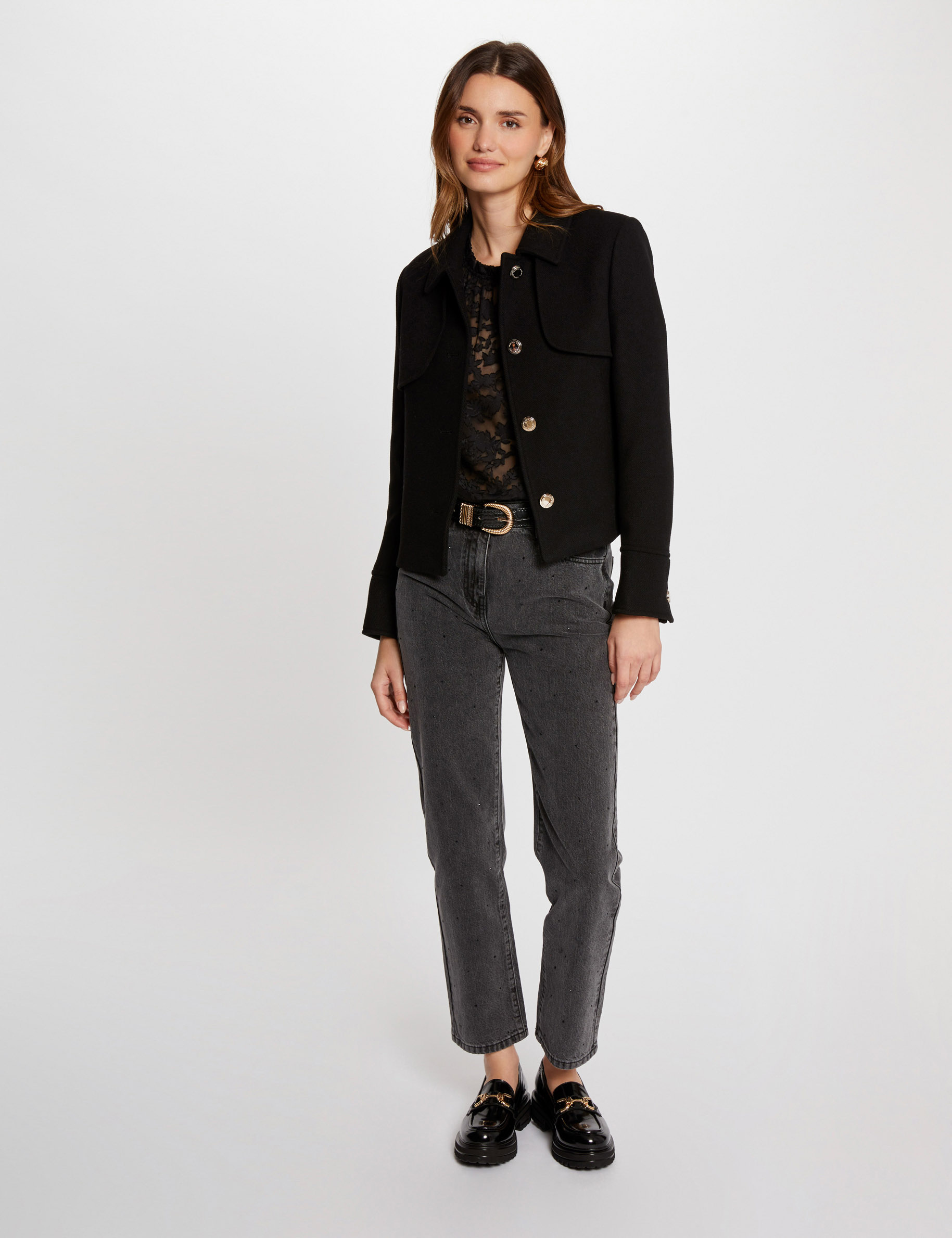 Manteau court boutonné noir femme