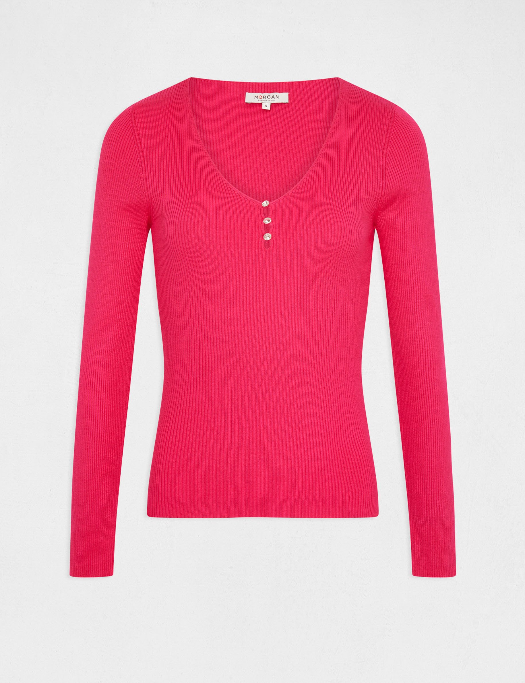 Pull manches longues col en V rose moyen femme