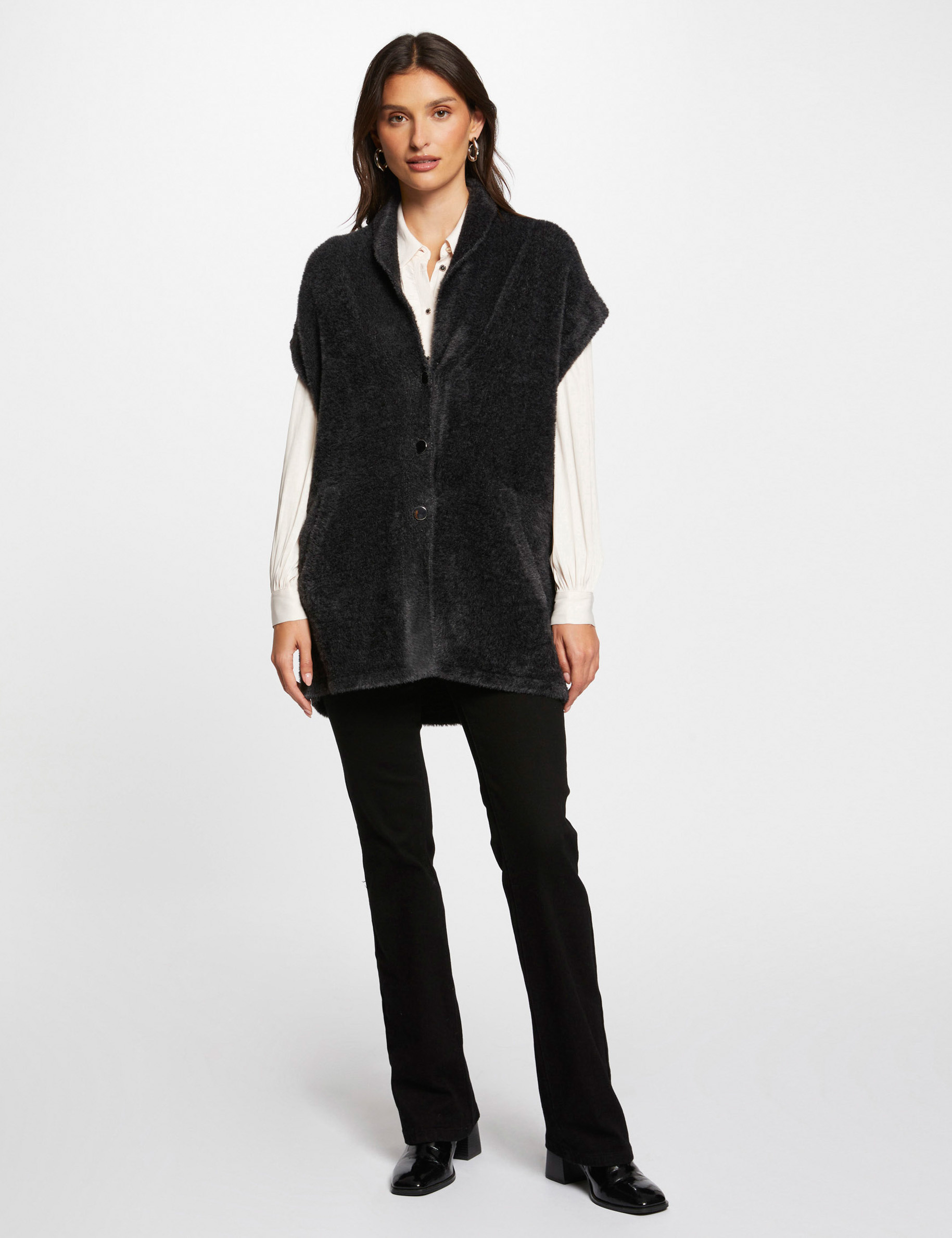 Gilet manches courtes fourrure gris anthracite femme