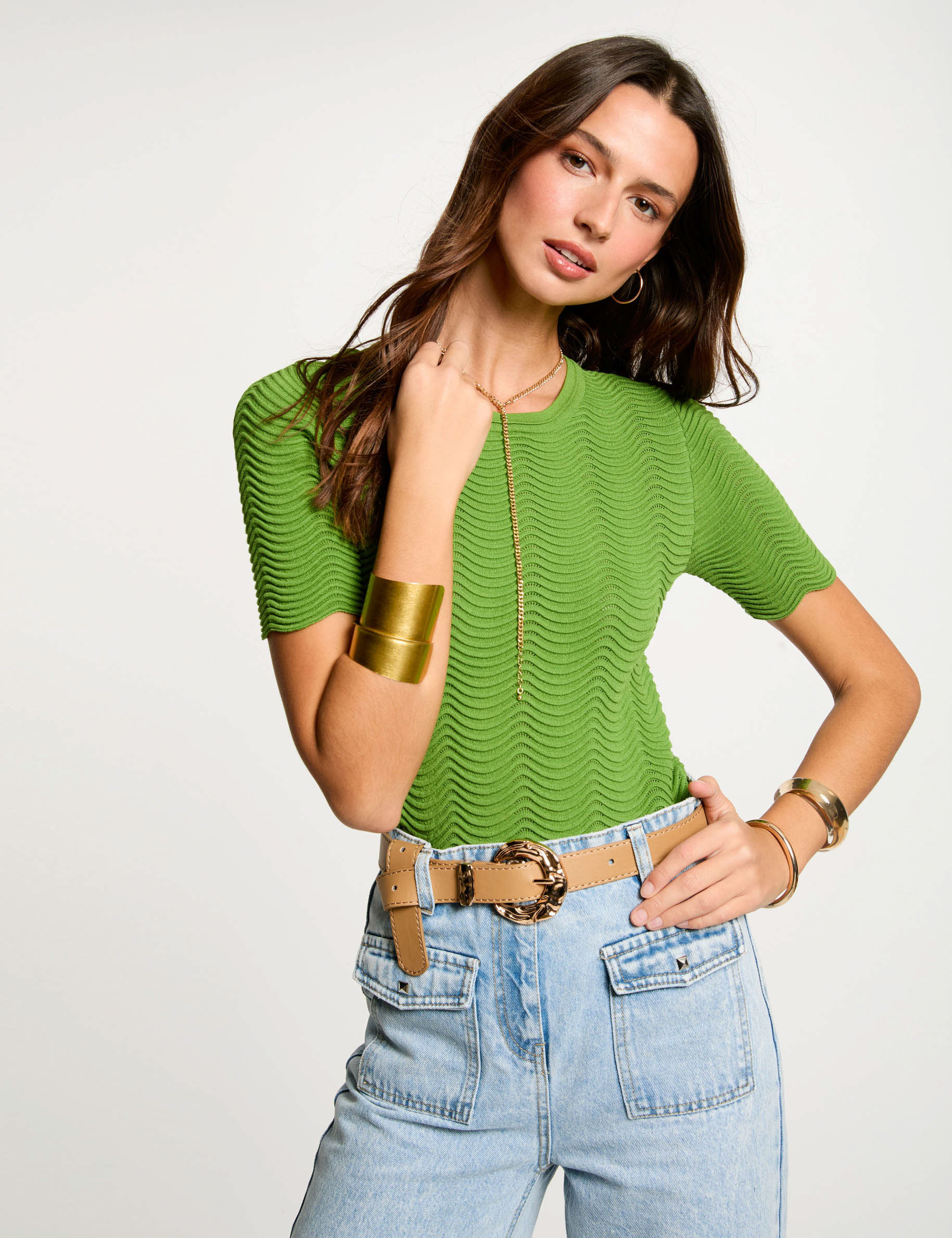 Pull manches courtes col rond vert anis femme