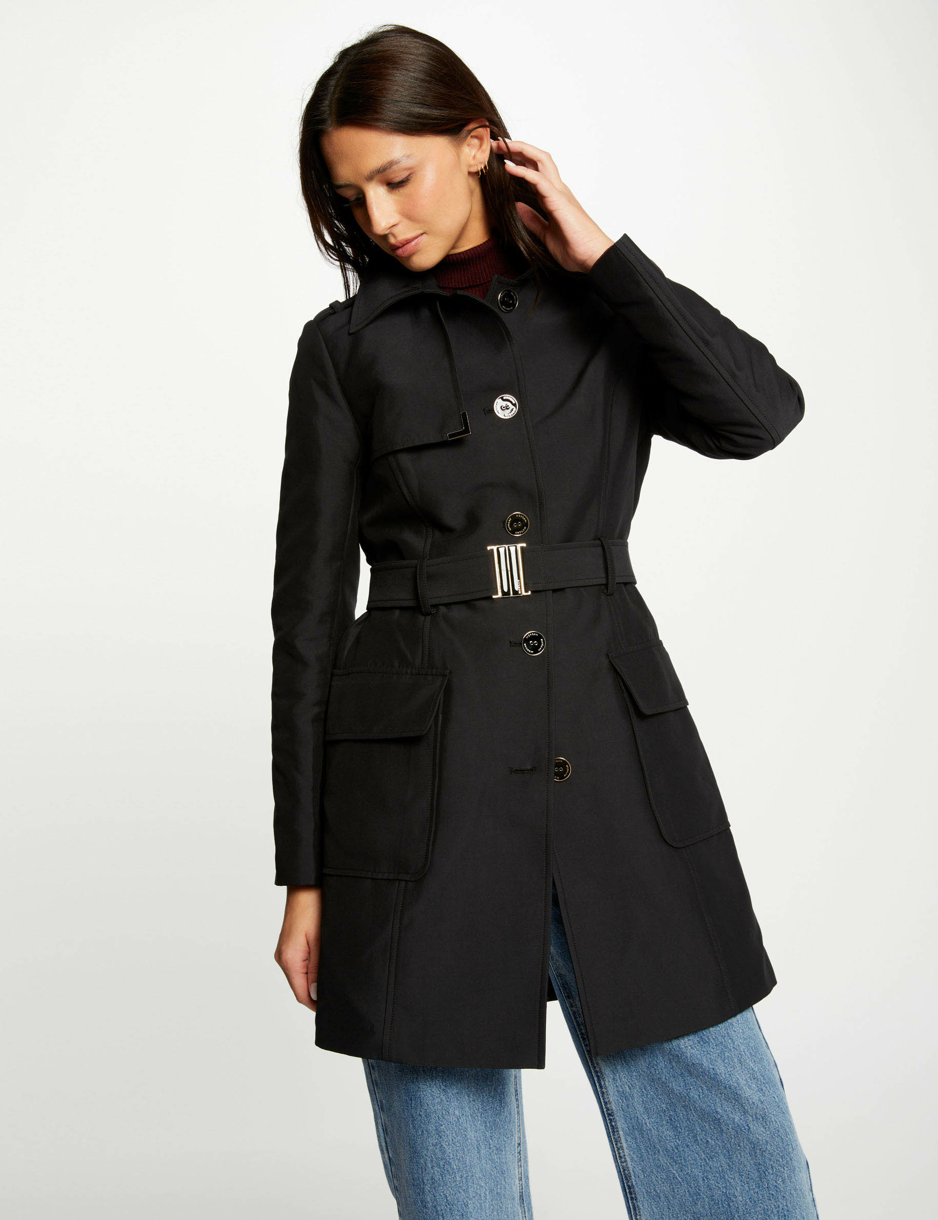 Lange trenchcoat met riem zwart vrouw