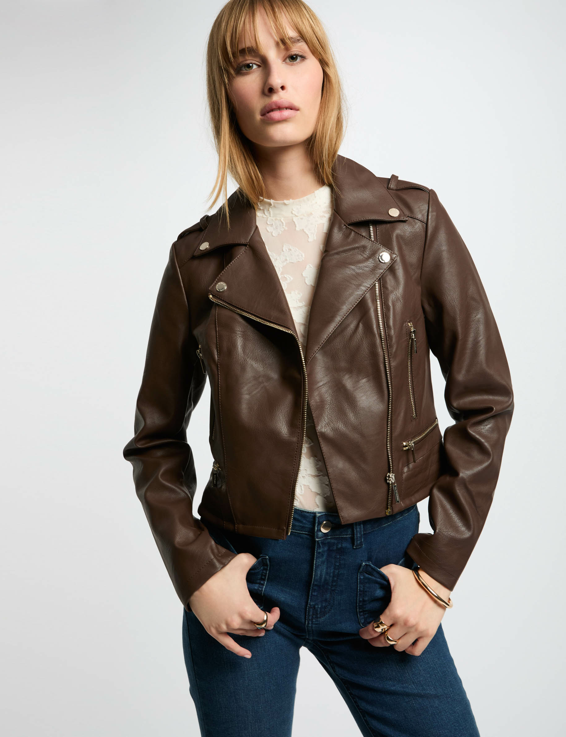 Blouson droit avec col cranté à revers marron femme