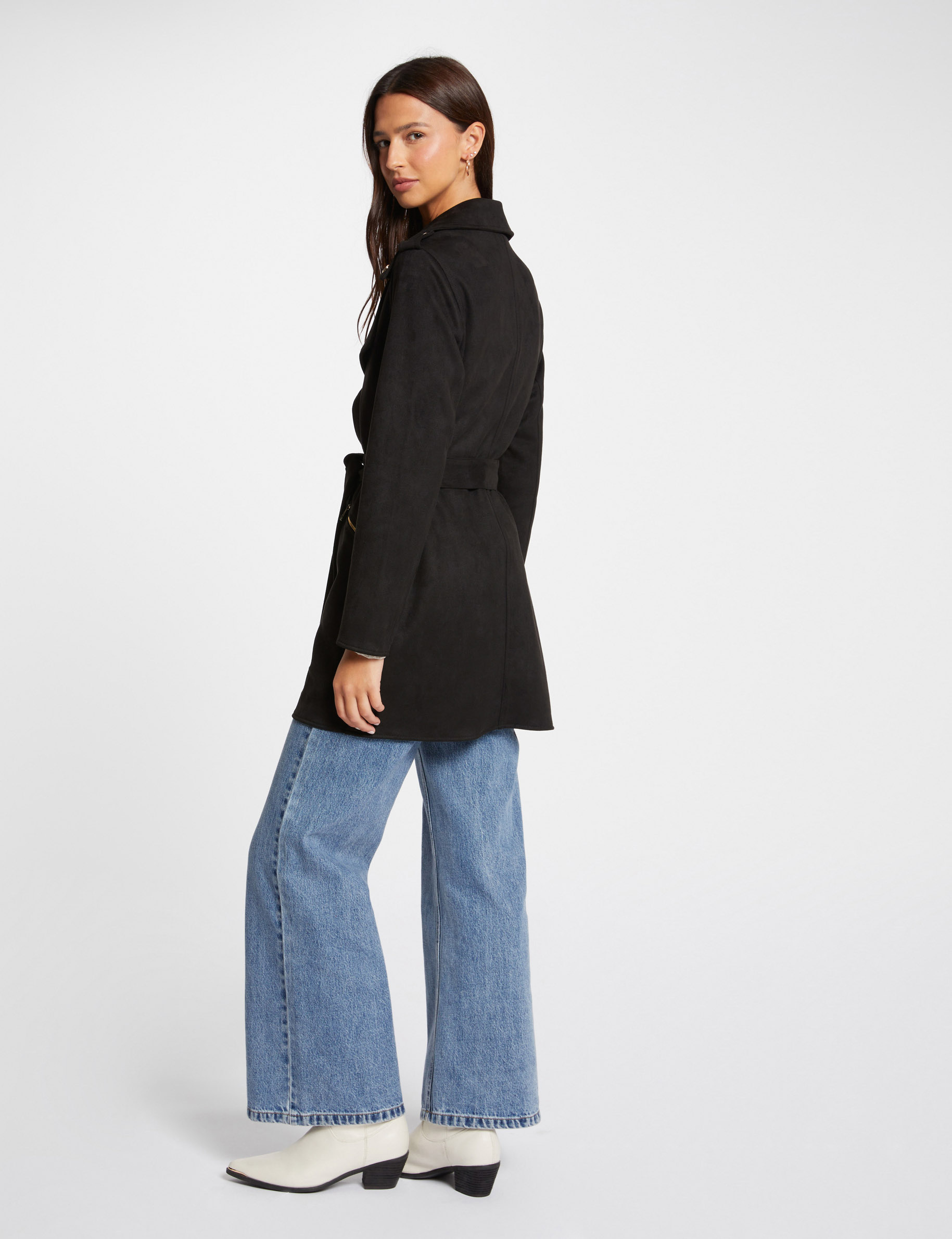 Manteau long ceinturé suédine noir femme