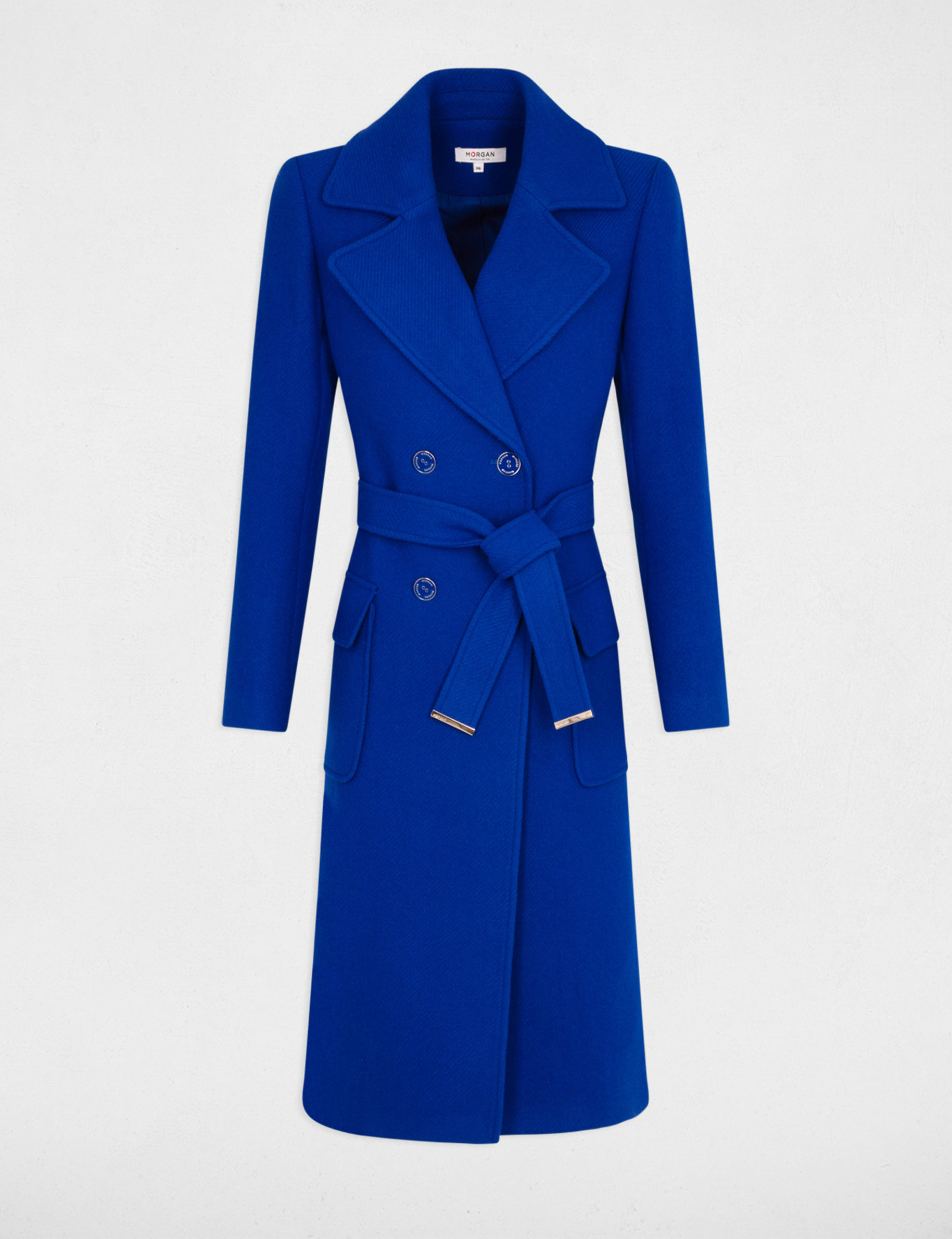 Manteau long cintre ceinture bleu electrique femme