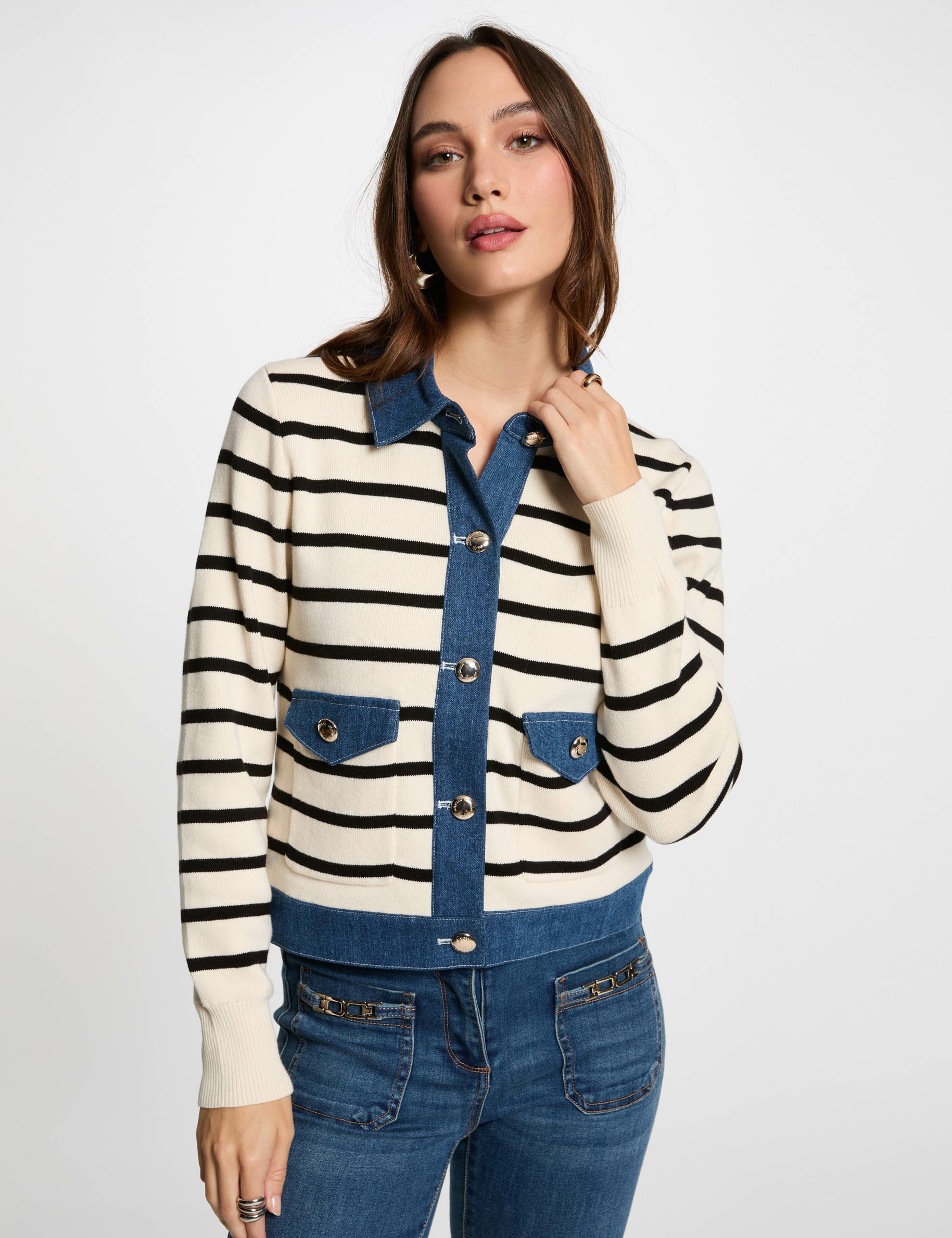 Gilet col à revers rayé ivoire femme