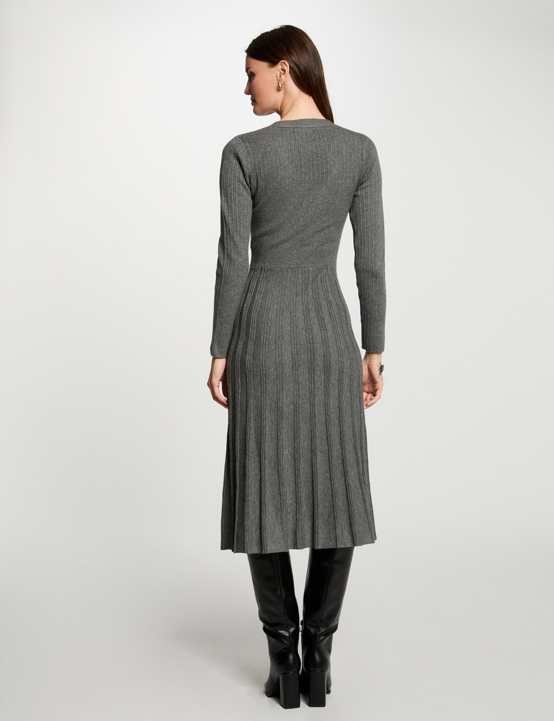 Robe tricot midi ajustée plis gris anthracite femme