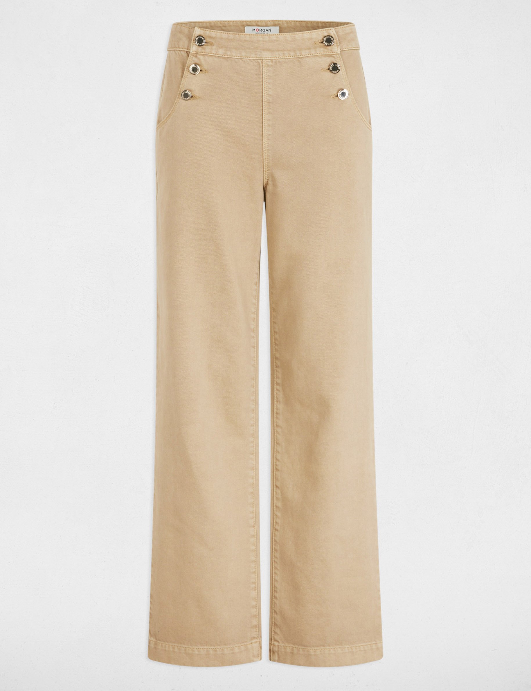 Wijde pantalon met sierknopen marron clair vrouw