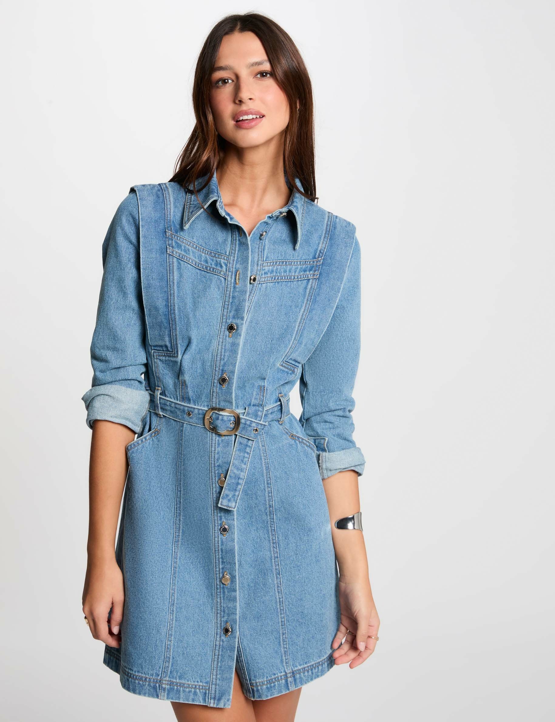 Robe ajustée boutonnée en jean denim stone femme