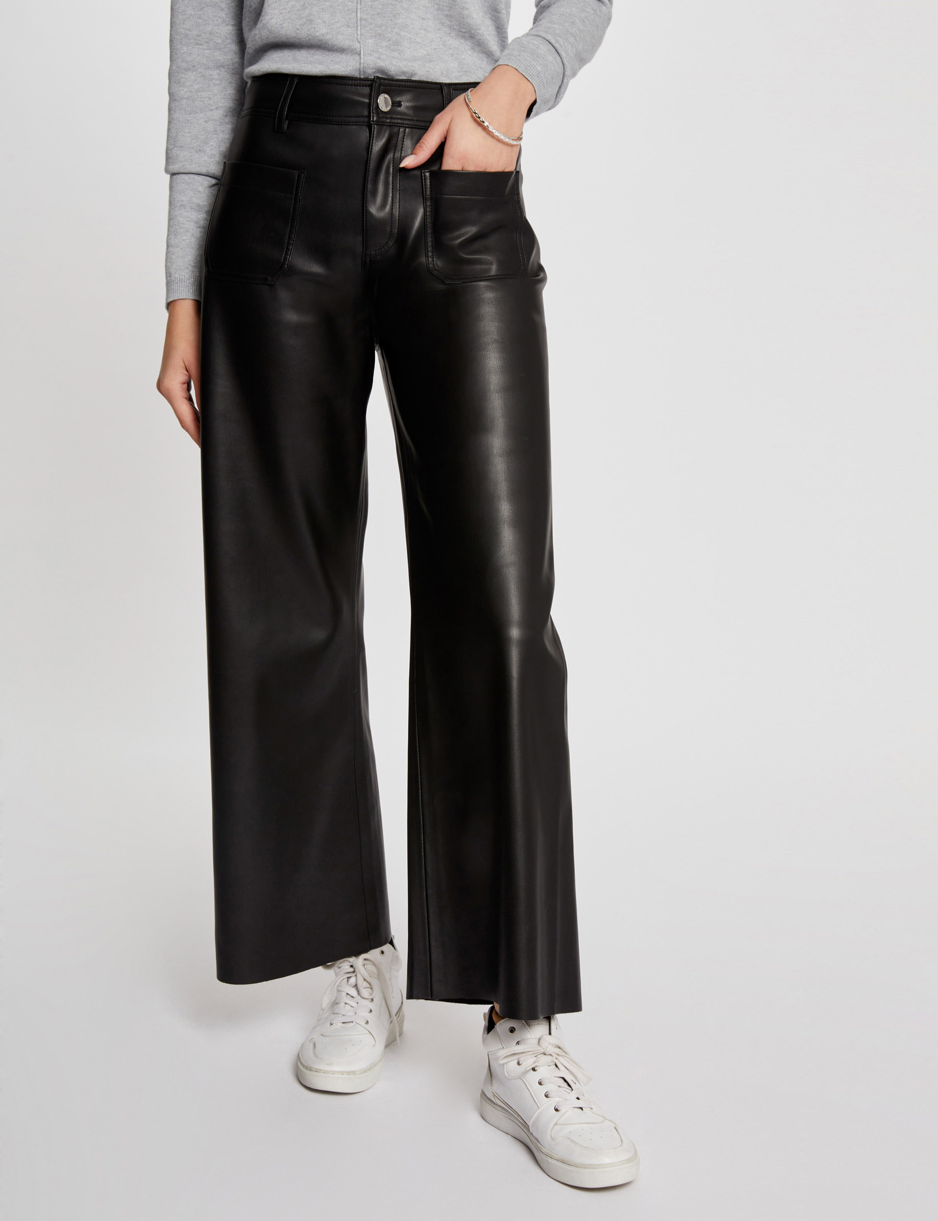 Pantalon large simili cuir noir femme