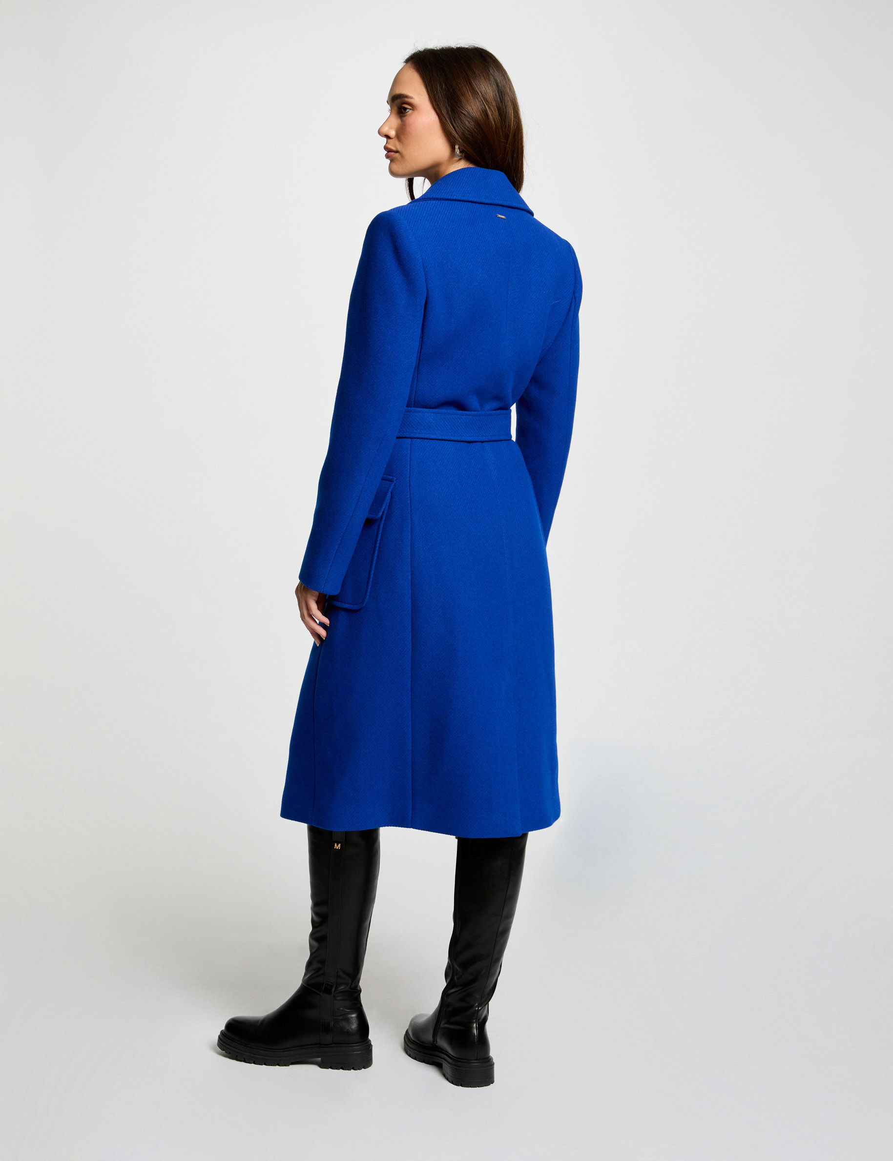 Manteau long cintre ceinture bleu electrique femme