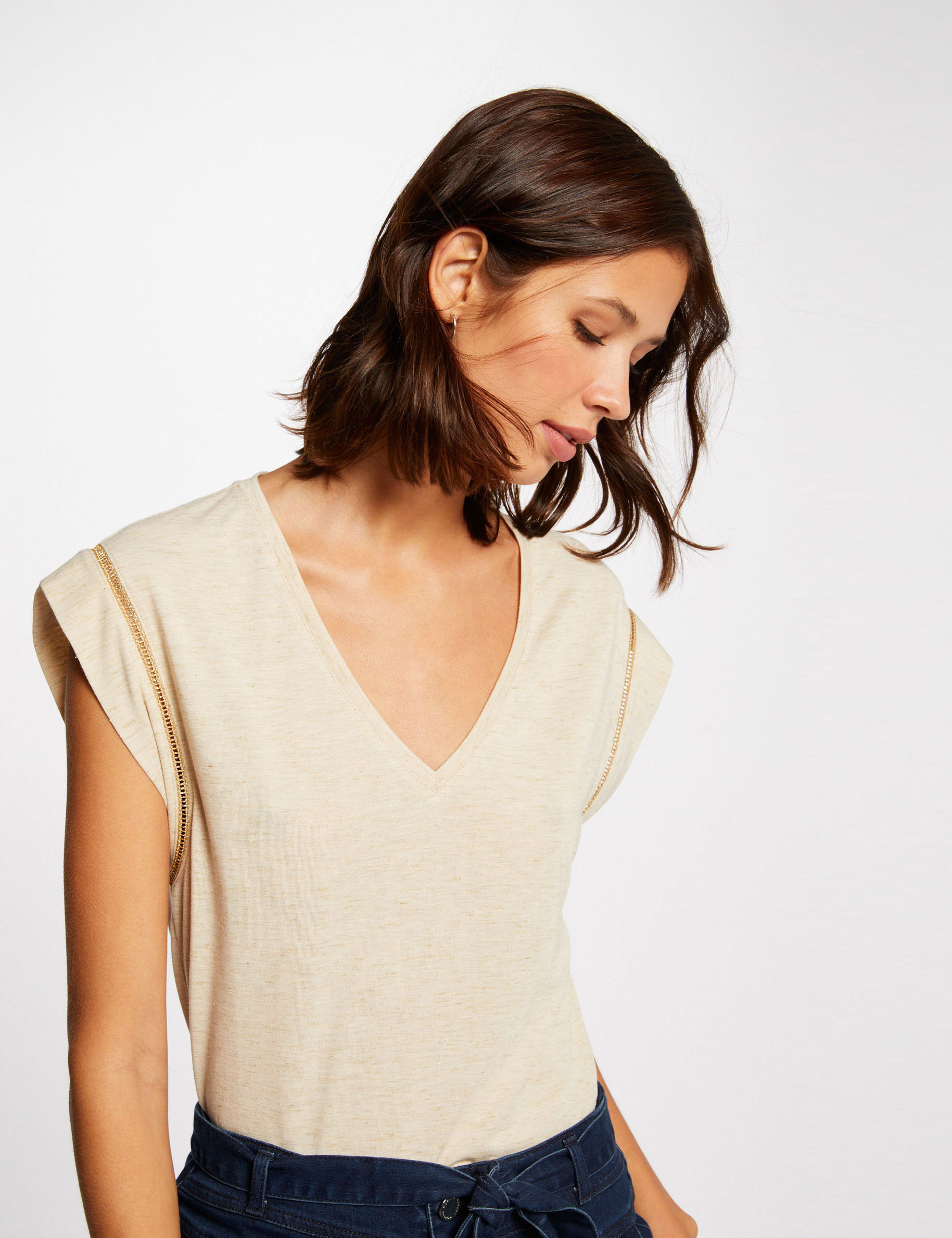 T-shirt met V-hals en korte mouwen beige vrouw