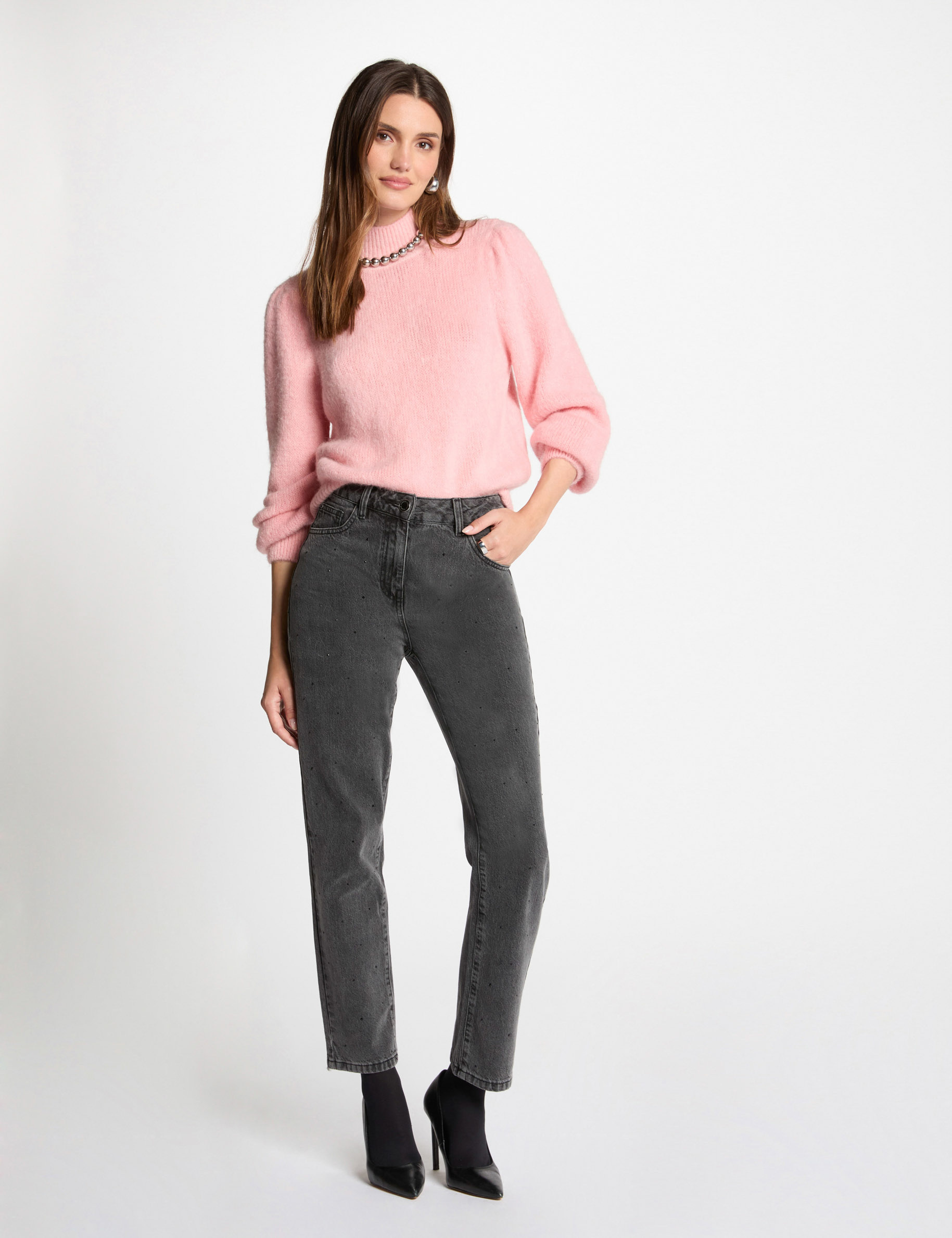 Pull col montant rose femme