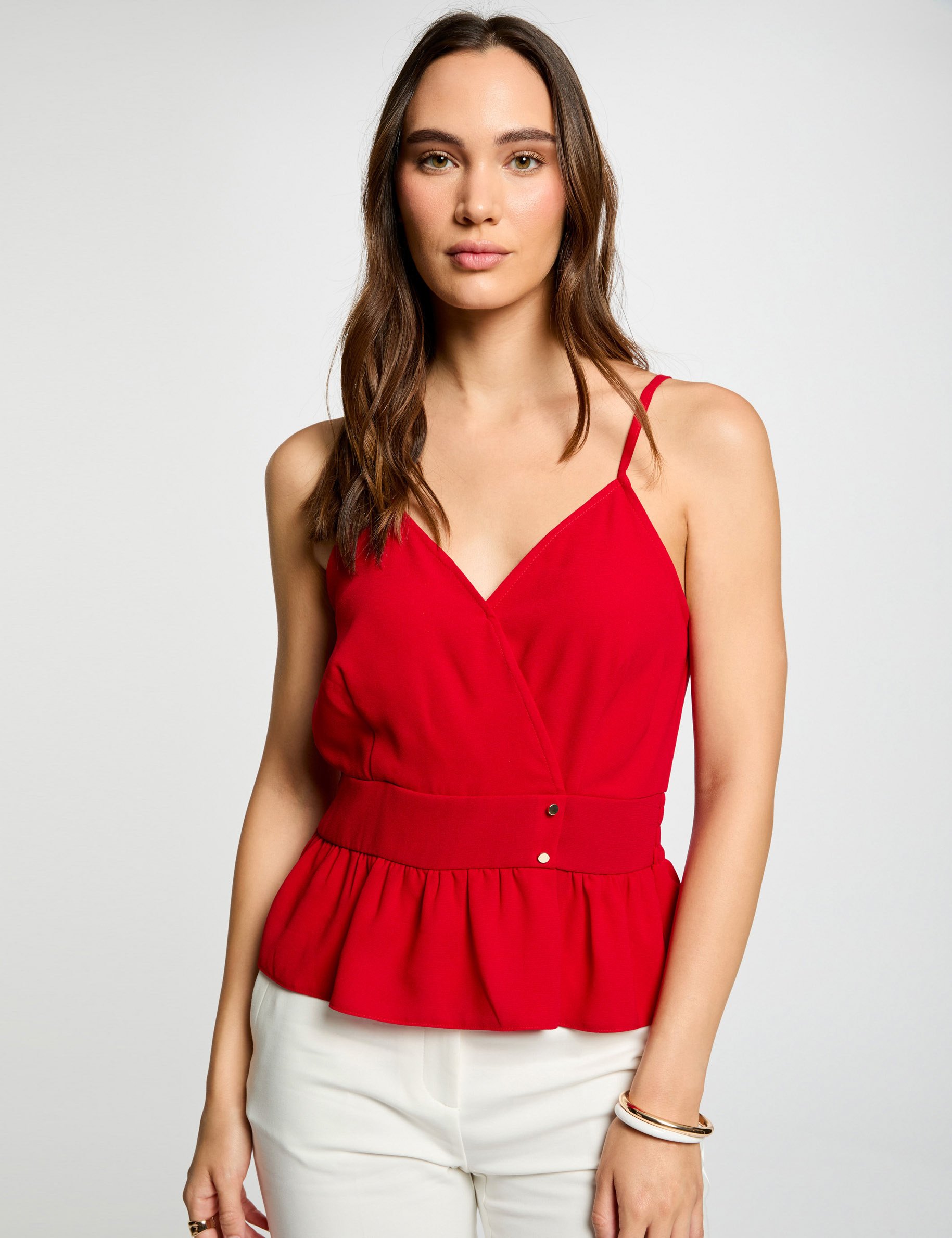 Top bretelles fines volants rouge femme