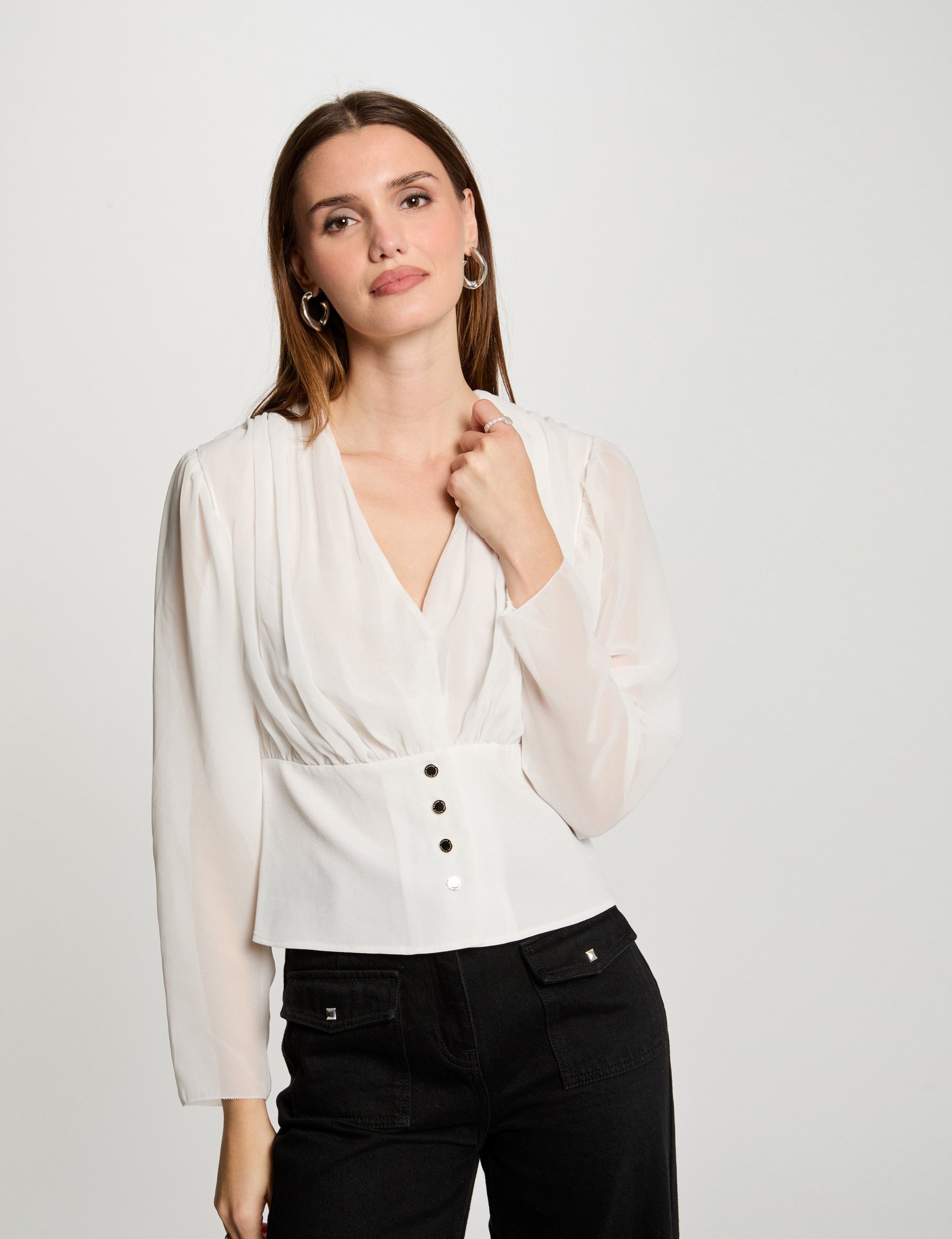 Blouse manches longues drapée blanc femme