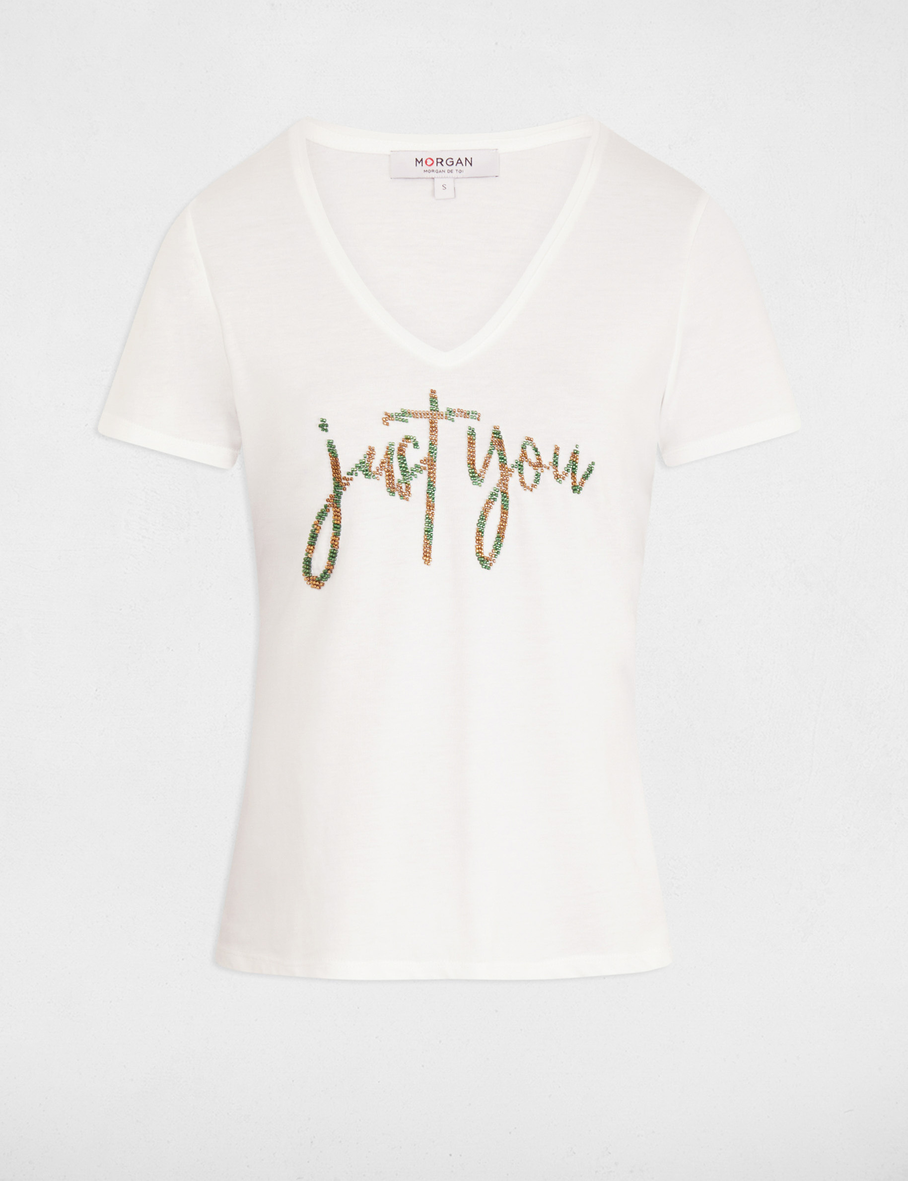 T-shirt met inscriptie en parels ecru vrouw