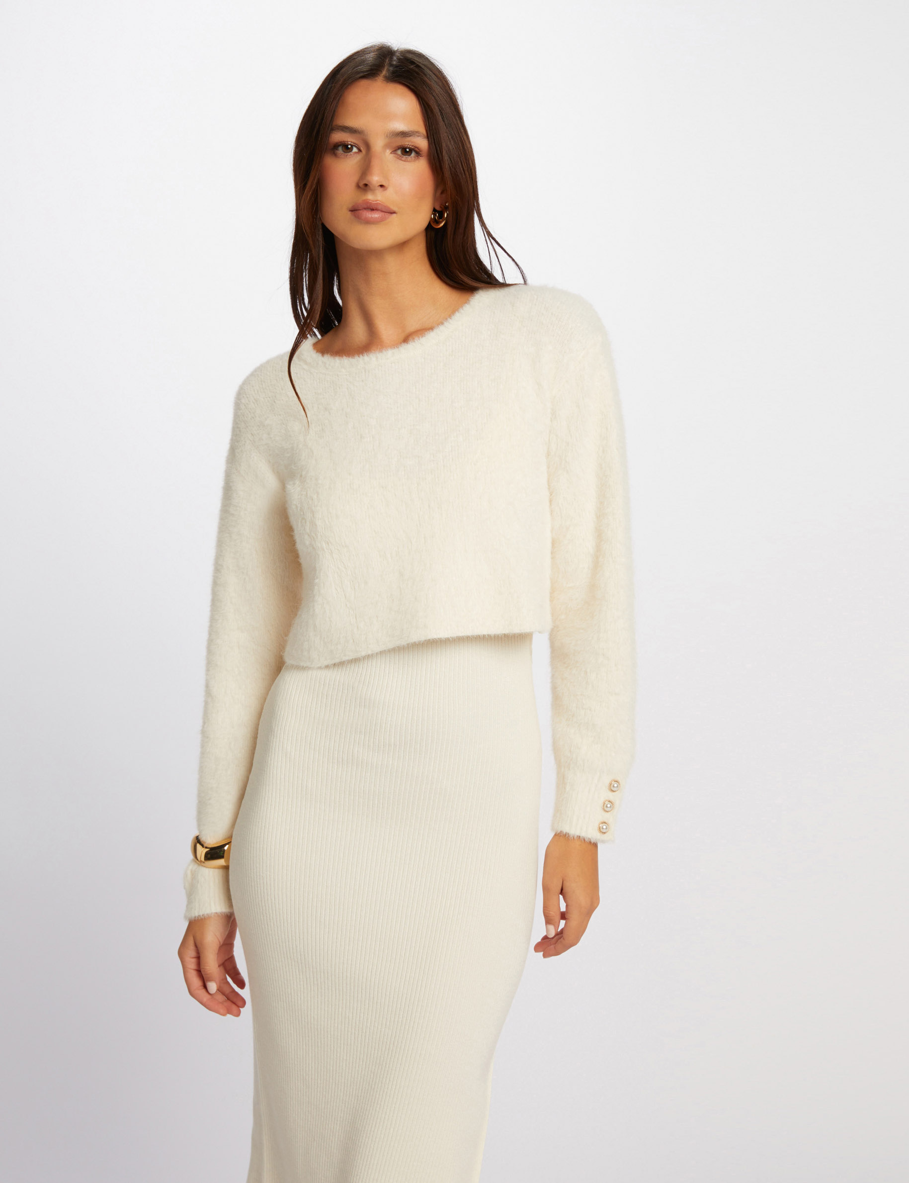 Robe pull midi ajustée 2-en-1 ivoire femme