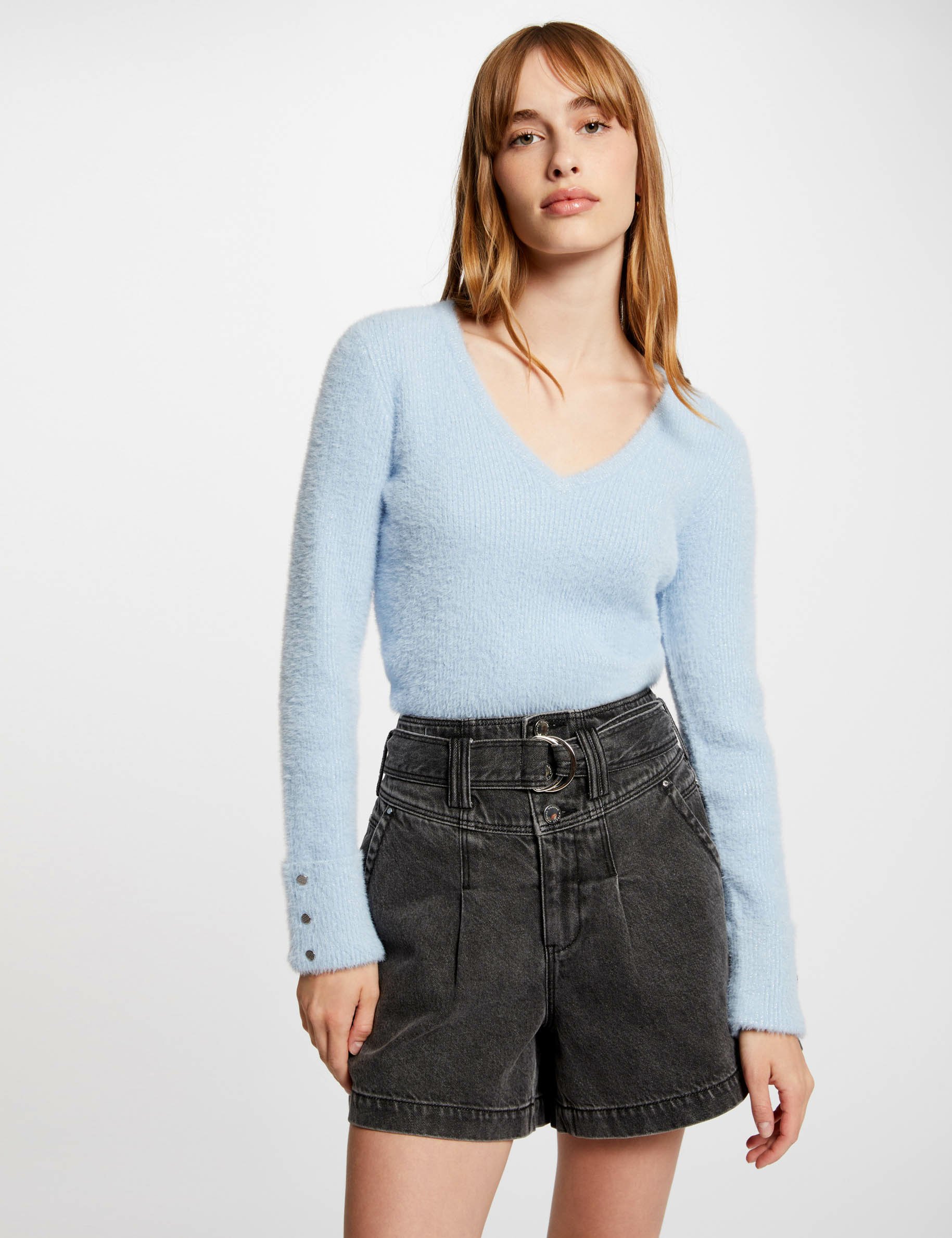 Pull manches longues avec col en V bleu femme