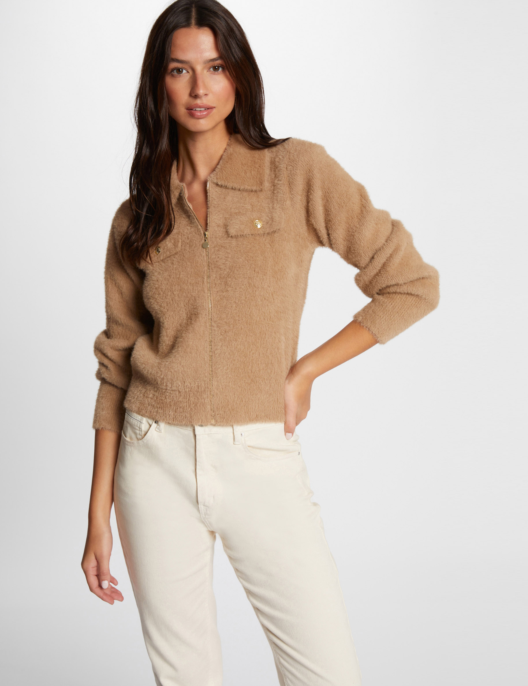 Gilet manches longues col à revers camel femme