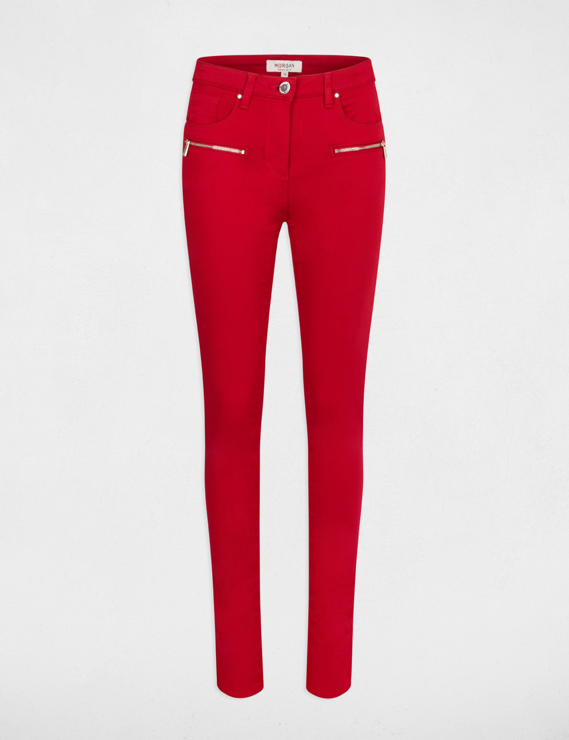 Jeans slim détails zippés rouge moyen femme