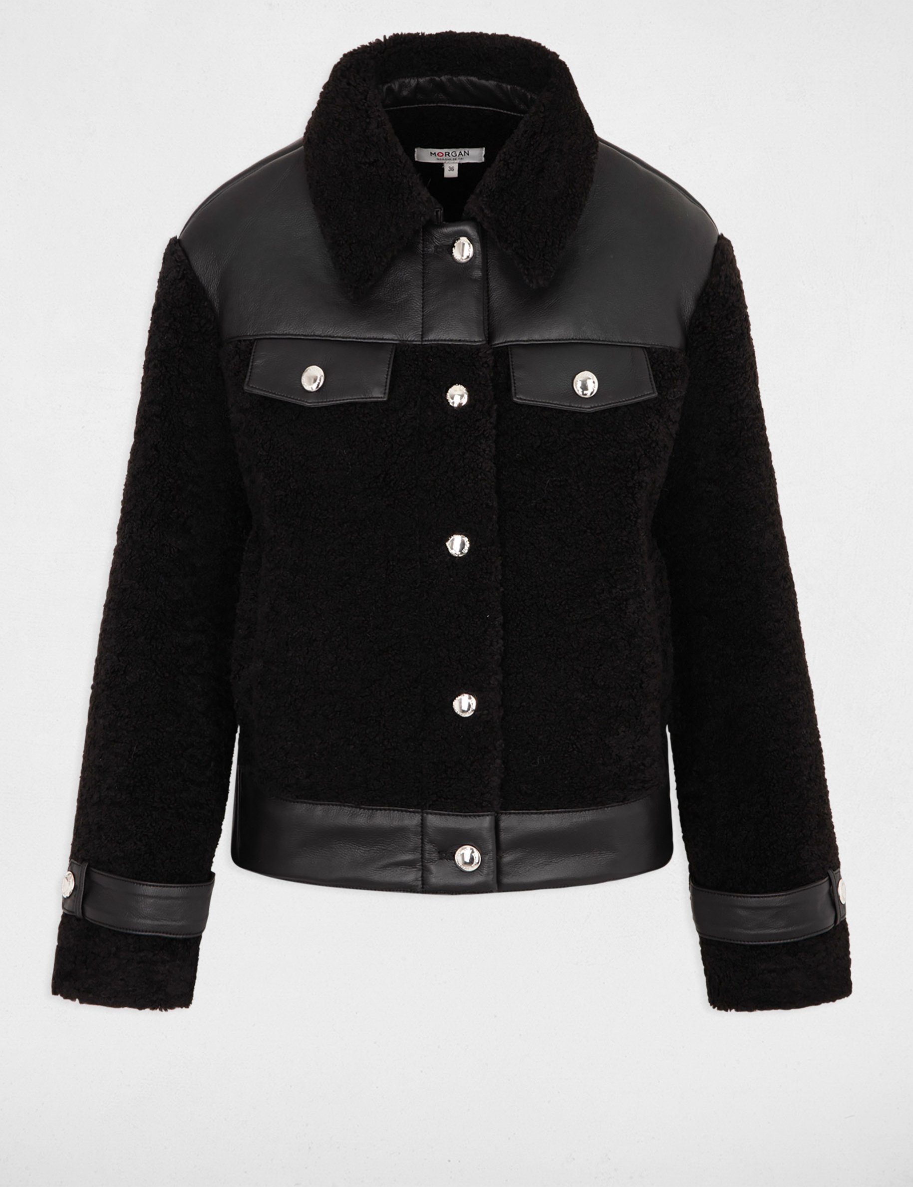 Manteau détails simili cuir noir femme