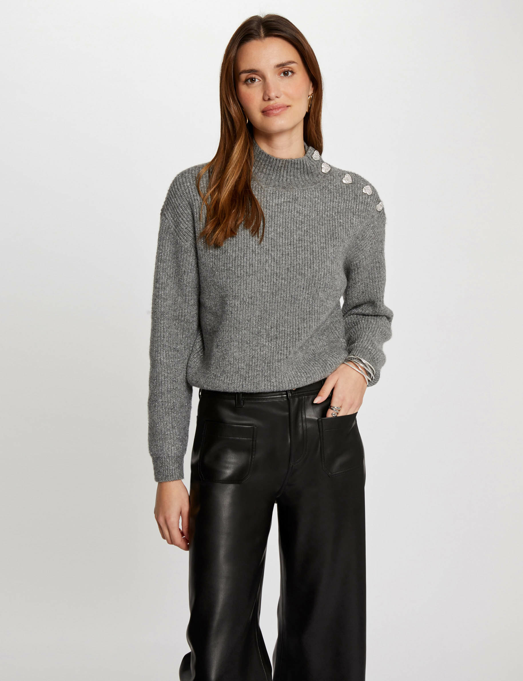 Pull manches longues avec boutons gris anthracite femme