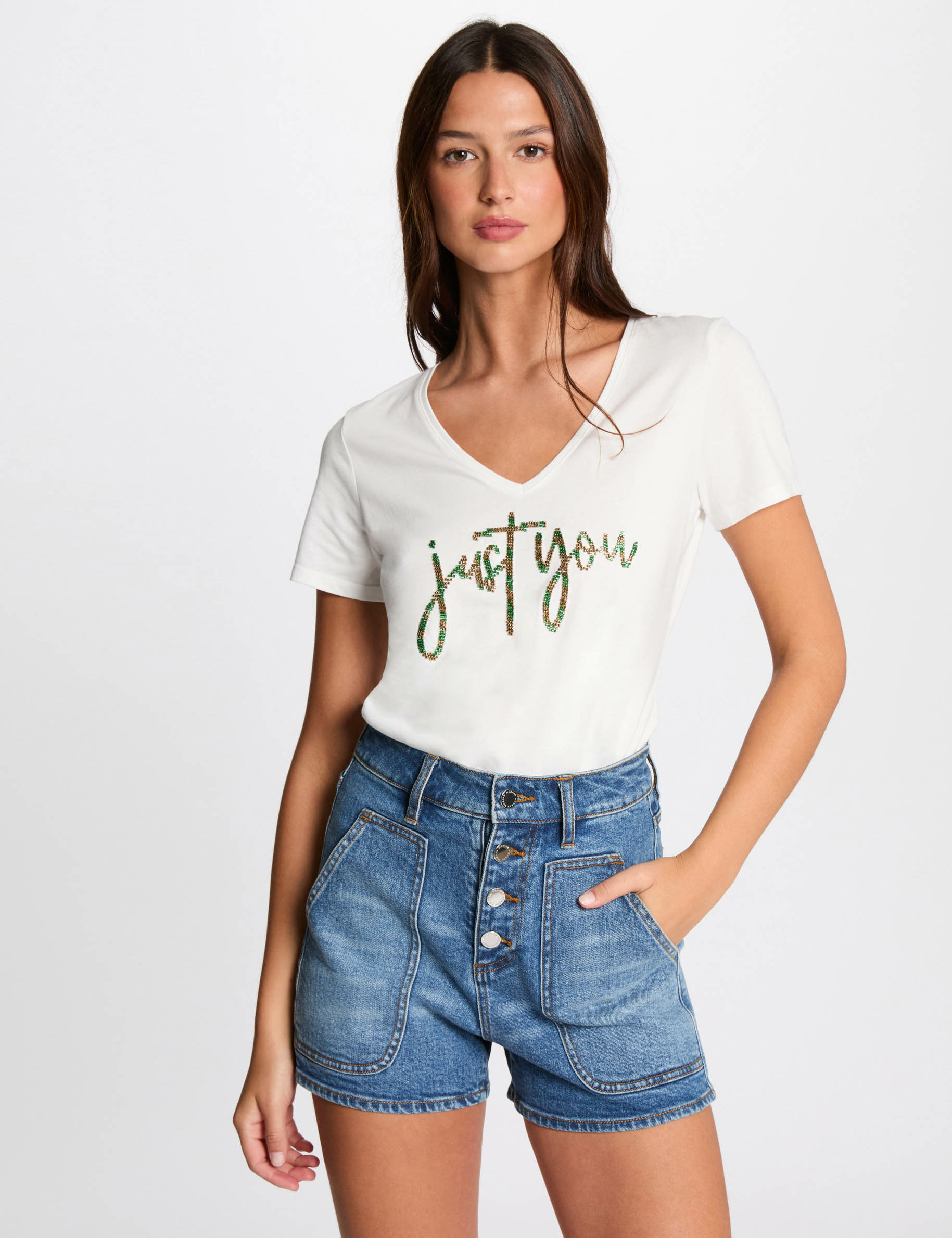 T-shirt met inscriptie en parels ecru vrouw