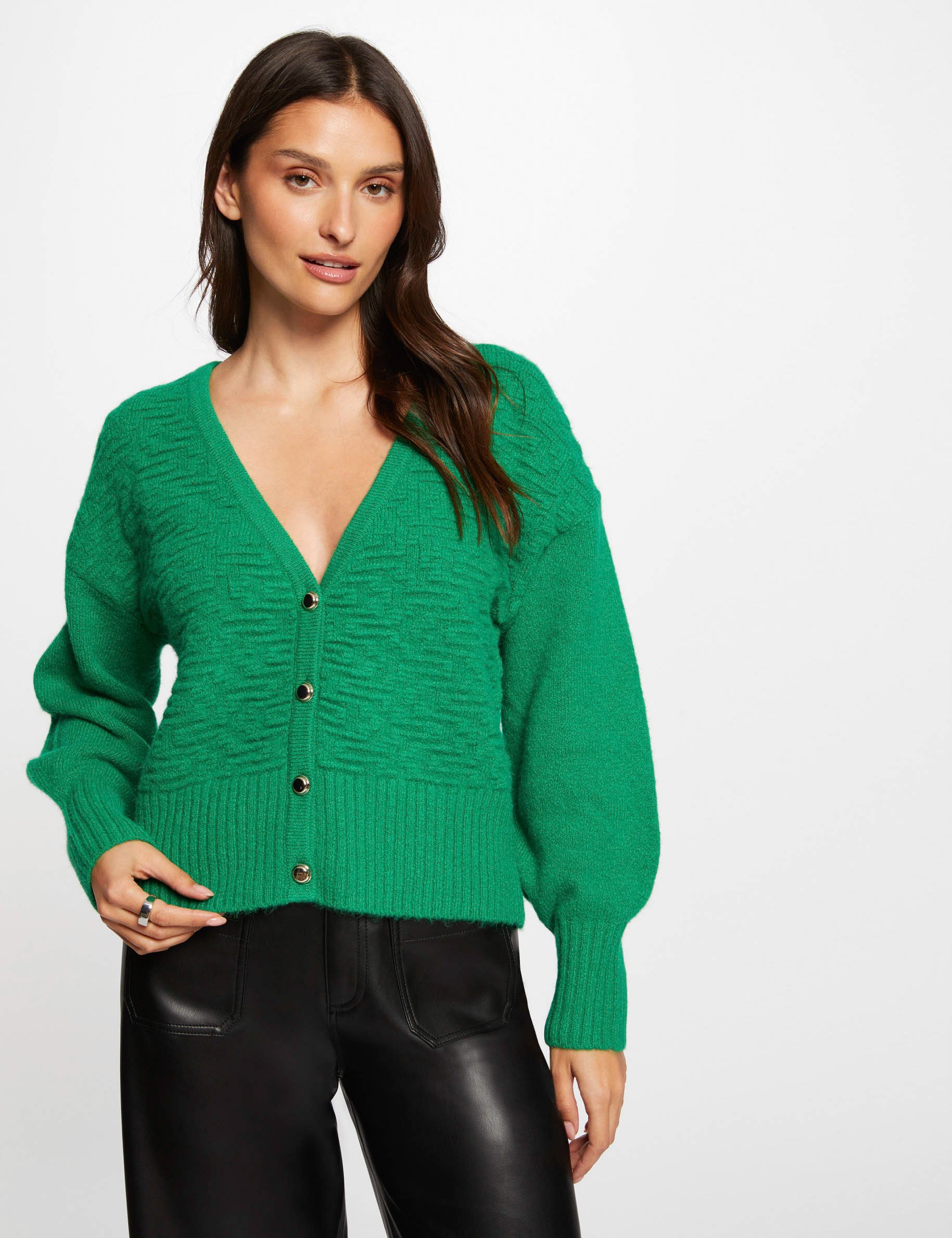 Gilet manches longues col en V vert femme