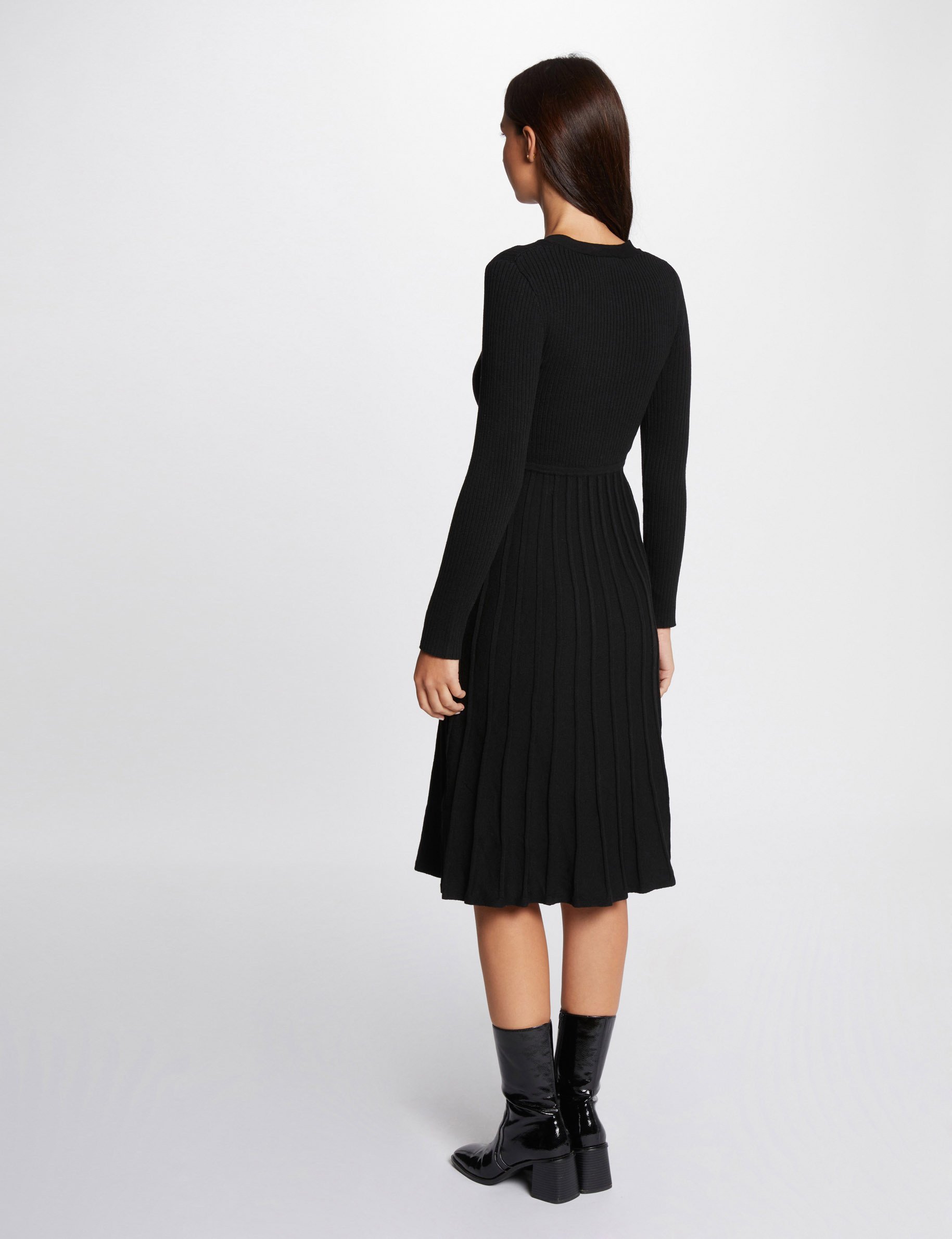 Robe tricot midi plissée noir femme