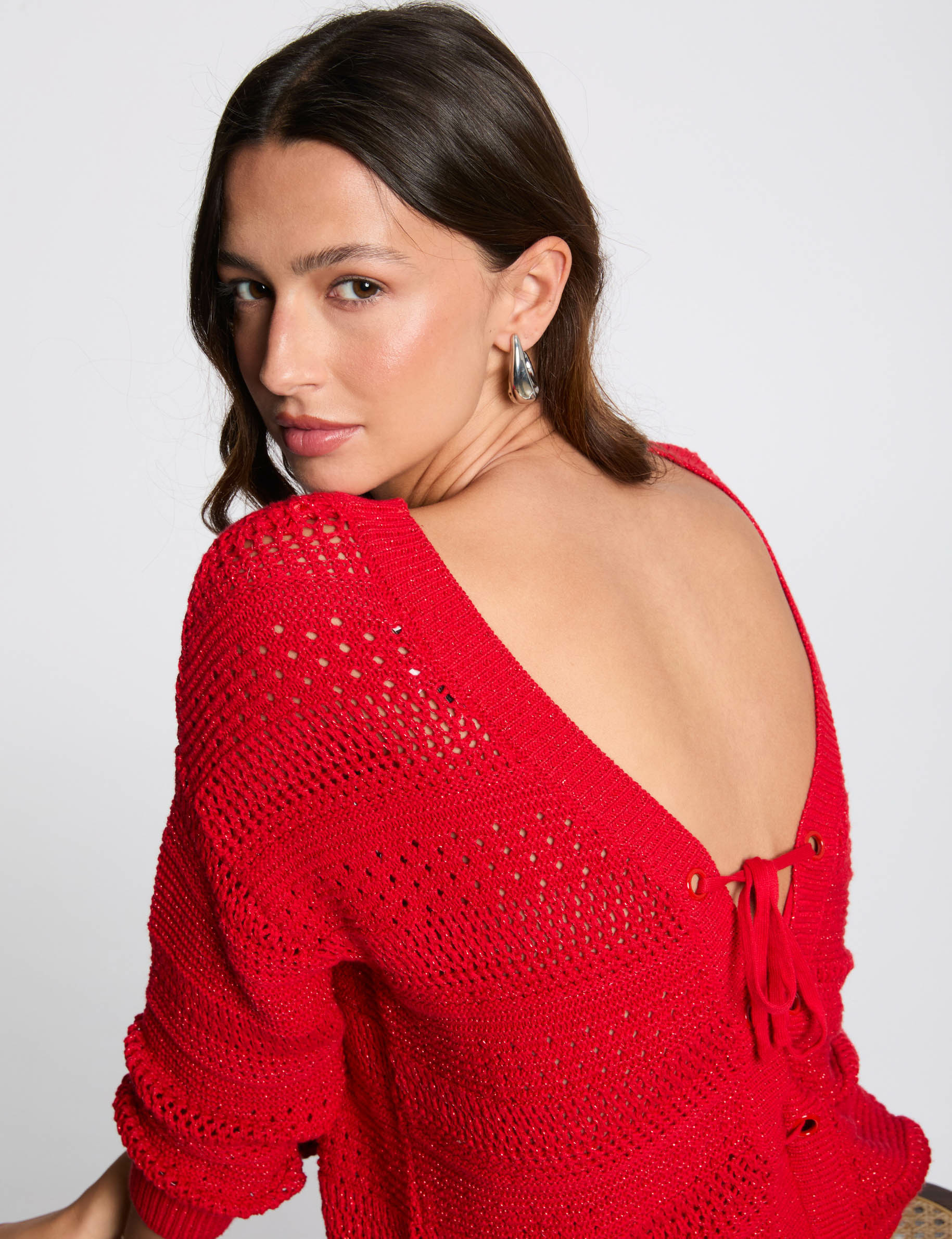 Pull manches longues ajouré rouge femme