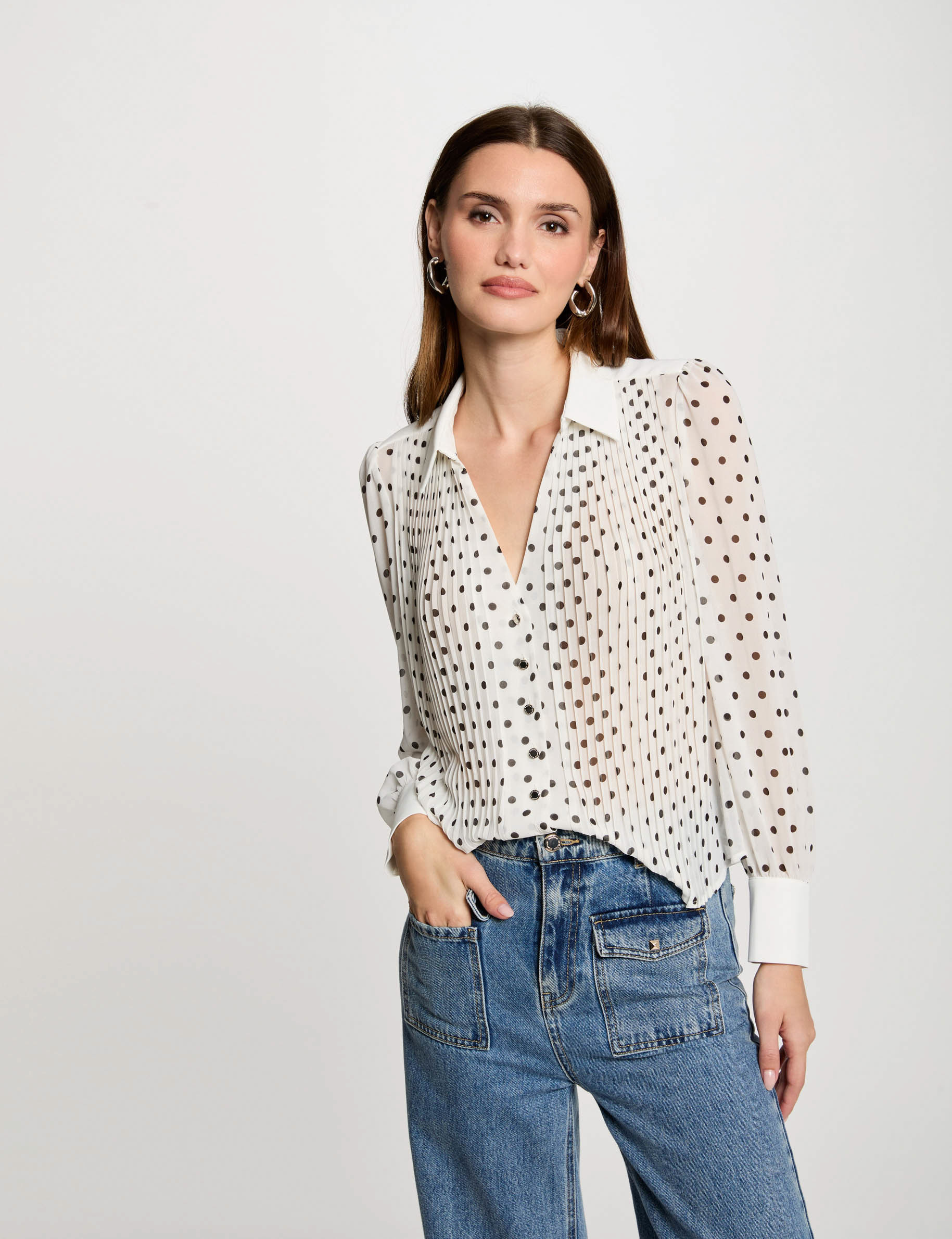 Chemise manches longues à pois blanc femme