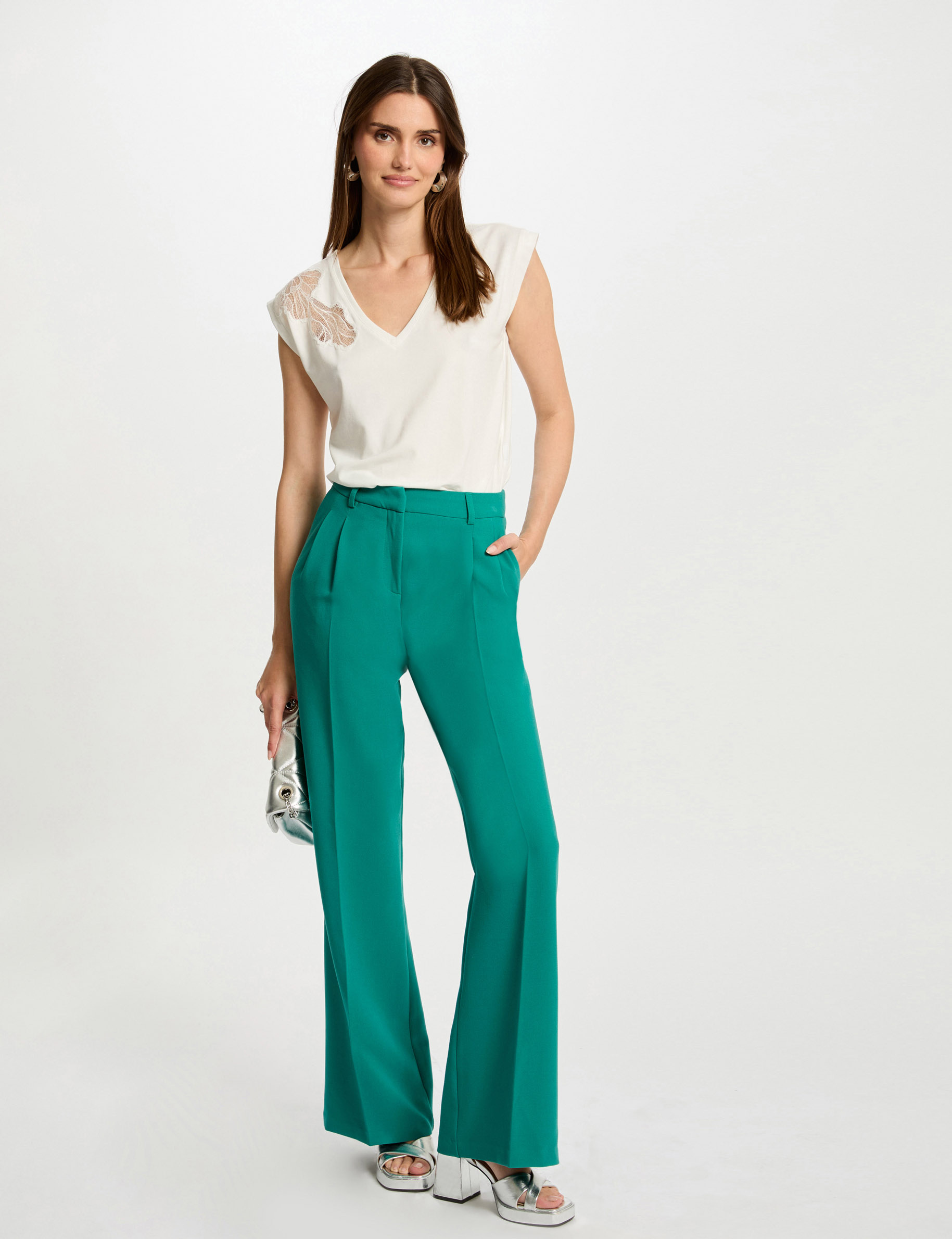 Pantalon large à pinces vert moyen femme