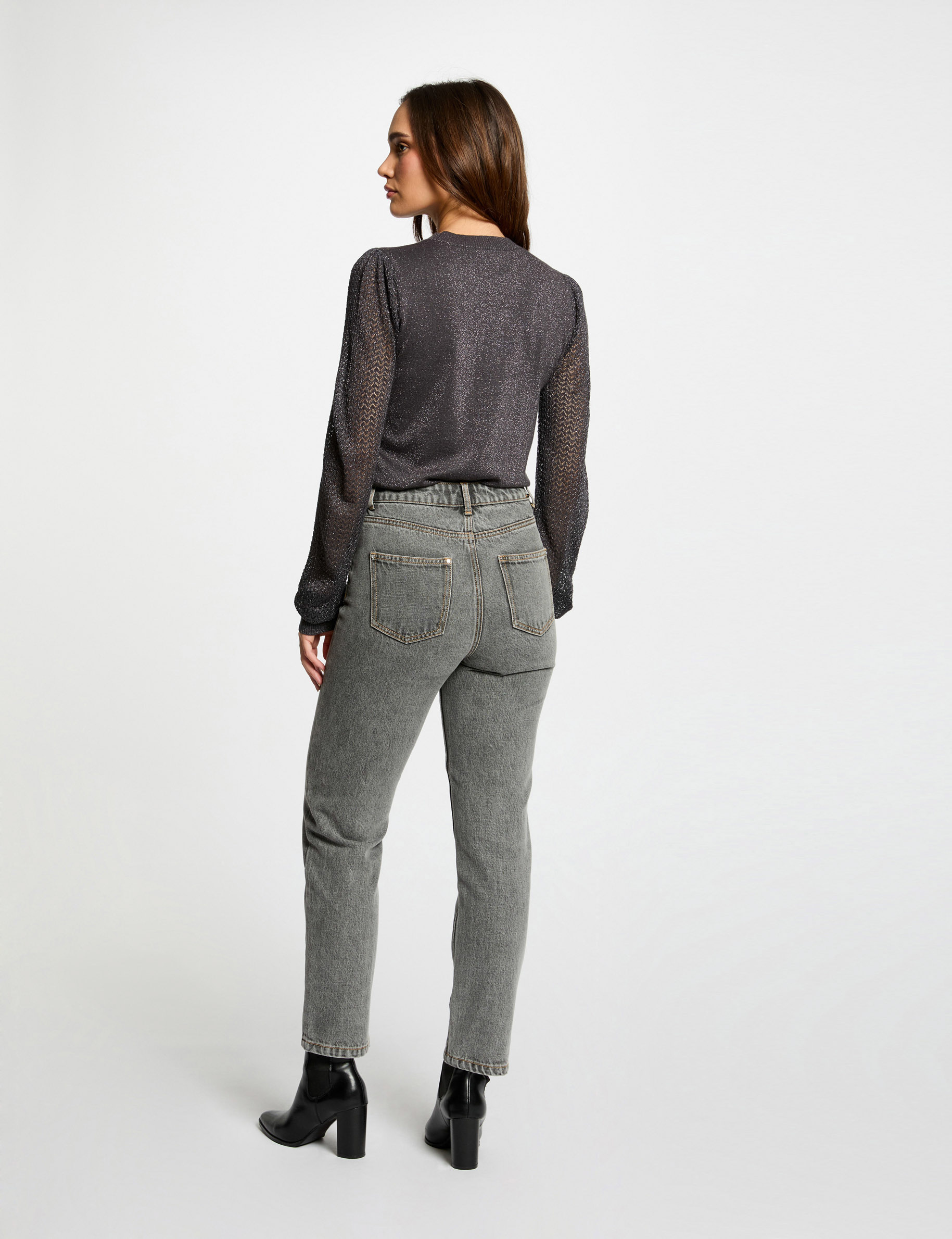 Pull col rond à ouverture gris anthracite femme